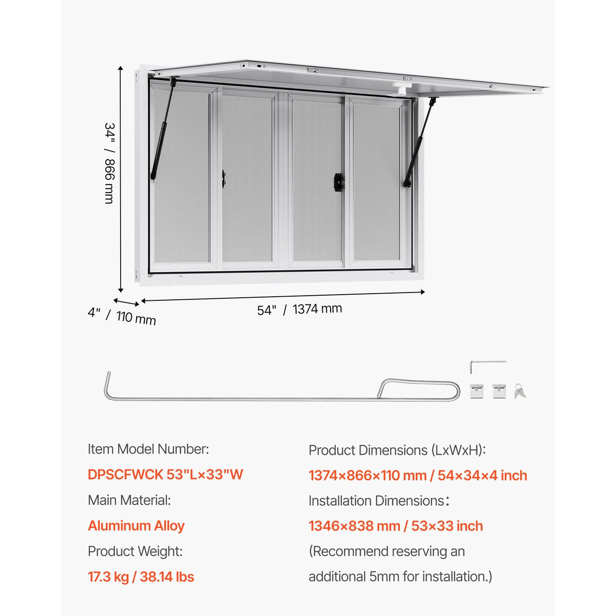 Concession Window 53x33 in, Aluminum Alloy Service Window for Food Truck, Up to 85 Degrees Stand Serving Window with 4 Sliding Windows, Awning Door, and Drag Hook, for Concession Trailers