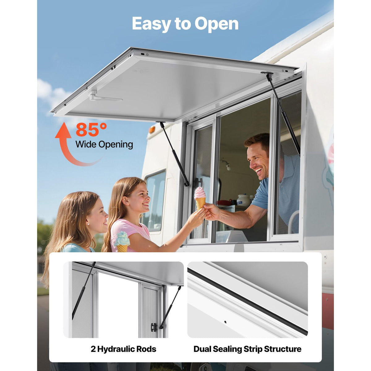 Concession Window 53x33 in, Aluminum Alloy Service Window for Food Truck, Up to 85 Degrees Stand Serving Window with 4 Sliding Windows, Awning Door, and Drag Hook, for Concession Trailers