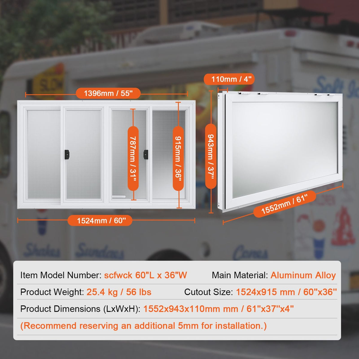 Concession Window 60"x36", Aluminum Alloy Food Truck Service Window with 4 Horizontal Sliding Windows & Awning Door & Drag Hook, Up to 85 Degrees Serving Window for Food Truck Concession Trailer