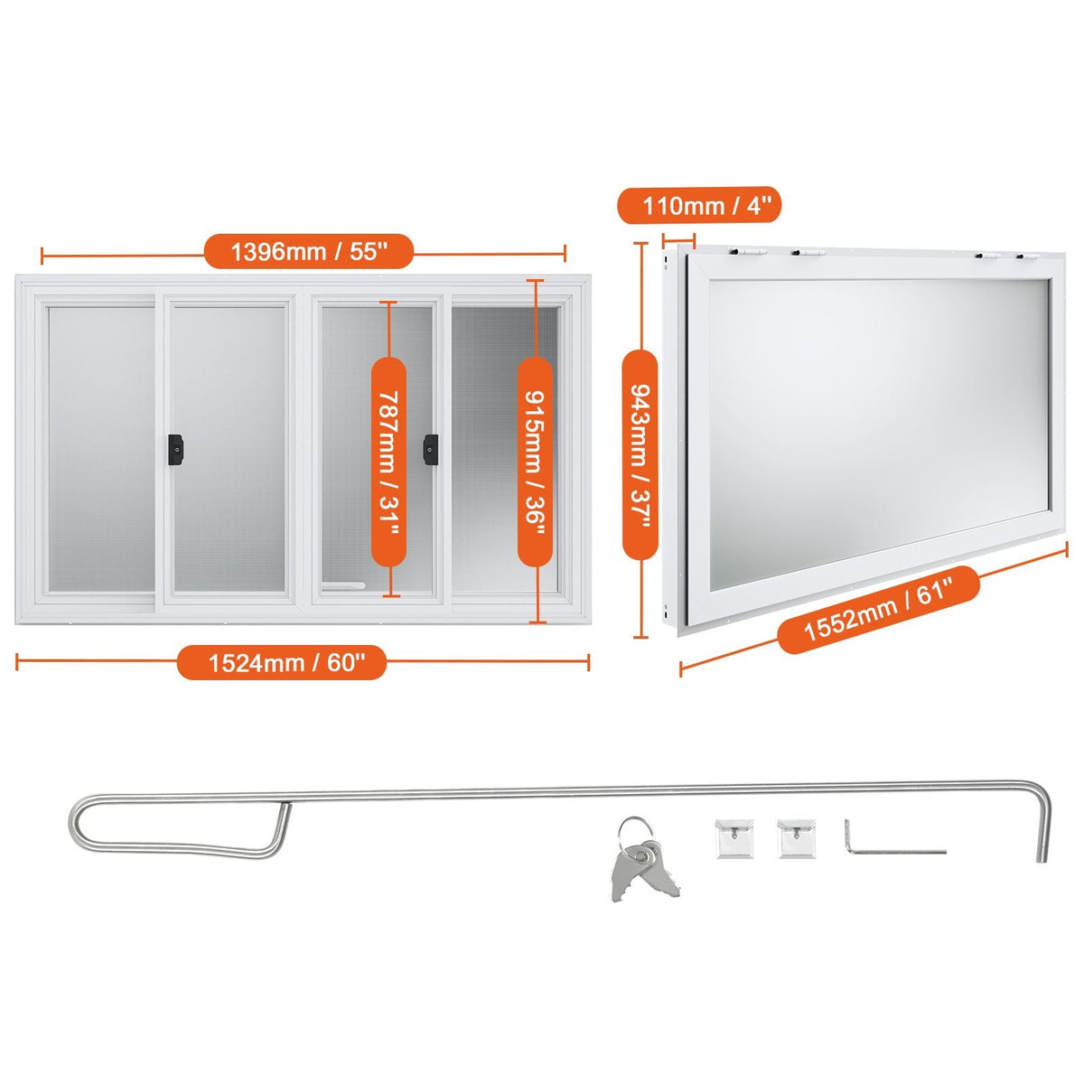 Concession Window 60"x36", Aluminum Alloy Food Truck Service Window with 4 Horizontal Sliding Windows & Awning Door & Drag Hook, Up to 85 Degrees Serving Window for Food Truck Concession Trailer