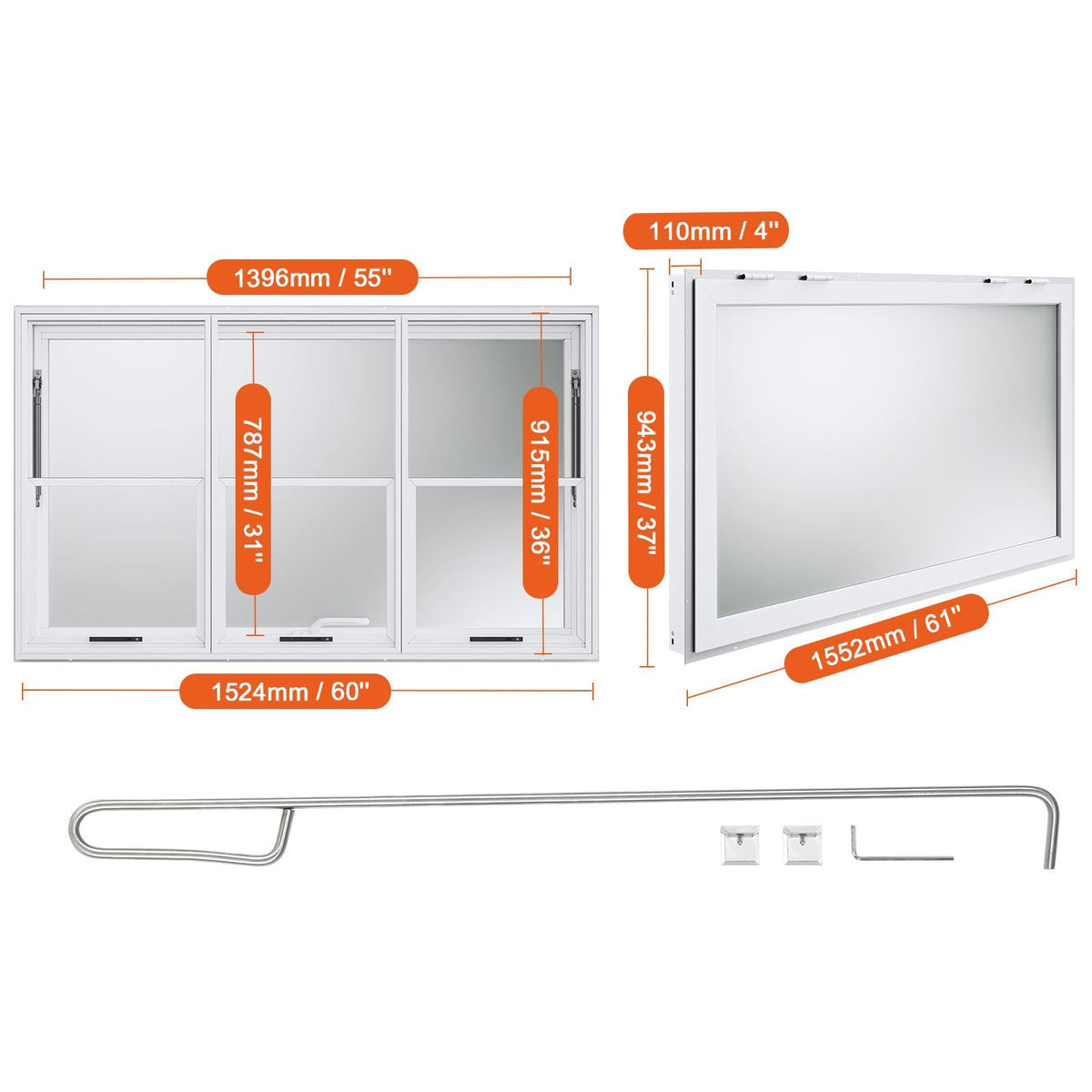 Concession Window 60"x36", Aluminum Alloy Food Truck Service Window with Vertical Lifting Windows & Awning Door & Drag Hook, Up to 85 Degrees Serving Window for Food Trucks Concession Trailers