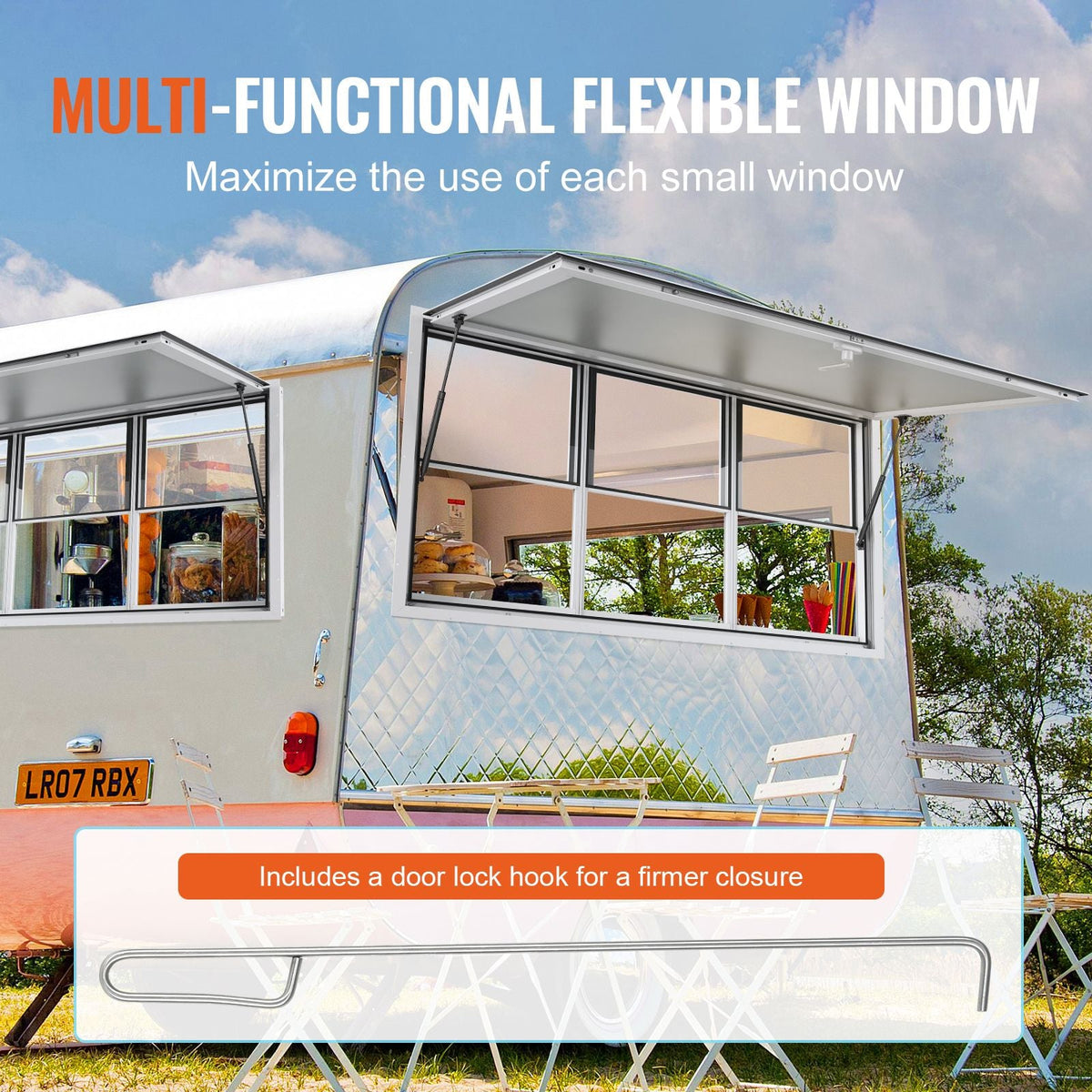 Concession Window 60"x36", Aluminum Alloy Food Truck Service Window with Vertical Lifting Windows & Awning Door & Drag Hook, Up to 85 Degrees Serving Window for Food Trucks Concession Trailers