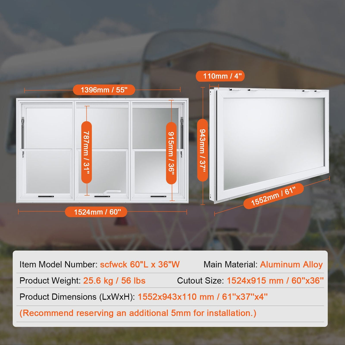 Concession Window 60"x36", Aluminum Alloy Food Truck Service Window with Vertical Lifting Windows & Awning Door & Drag Hook, Up to 85 Degrees Serving Window for Food Trucks Concession Trailers