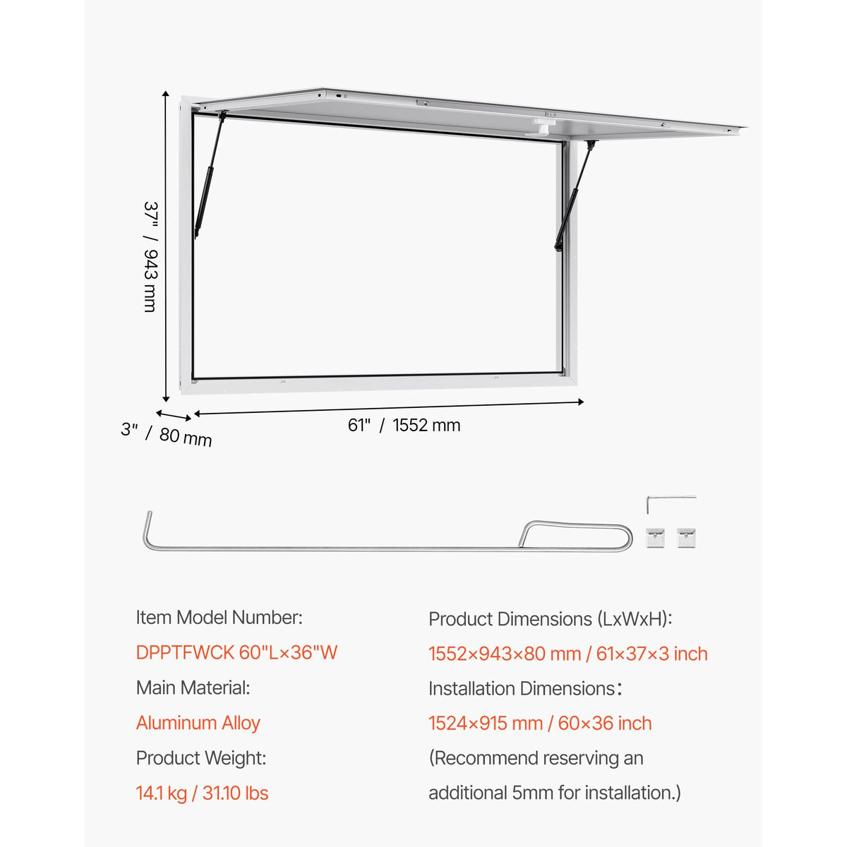 Concession Window 60x36 in, Aluminum Alloy Frame Service Window for Food Truck, Up to 85 Degrees Stand Serving Window with Awning Door and Drag Hook, Rainwater Resistant for Concession Trailers