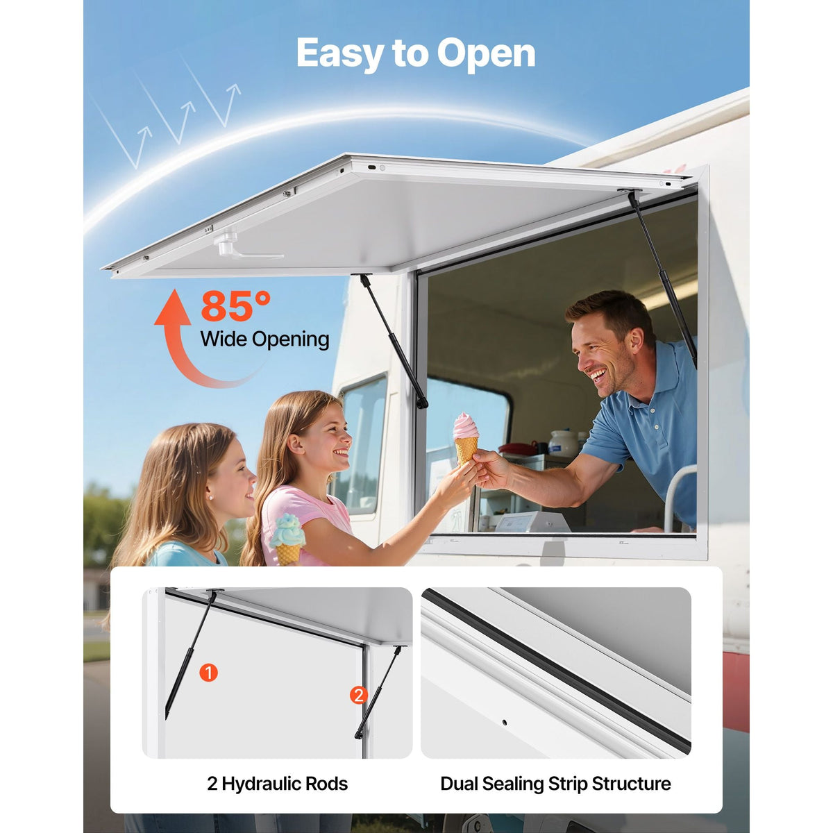 Concession Window 60x36 in, Aluminum Alloy Frame Service Window for Food Truck, Up to 85 Degrees Stand Serving Window with Awning Door and Drag Hook, Rainwater Resistant for Concession Trailers