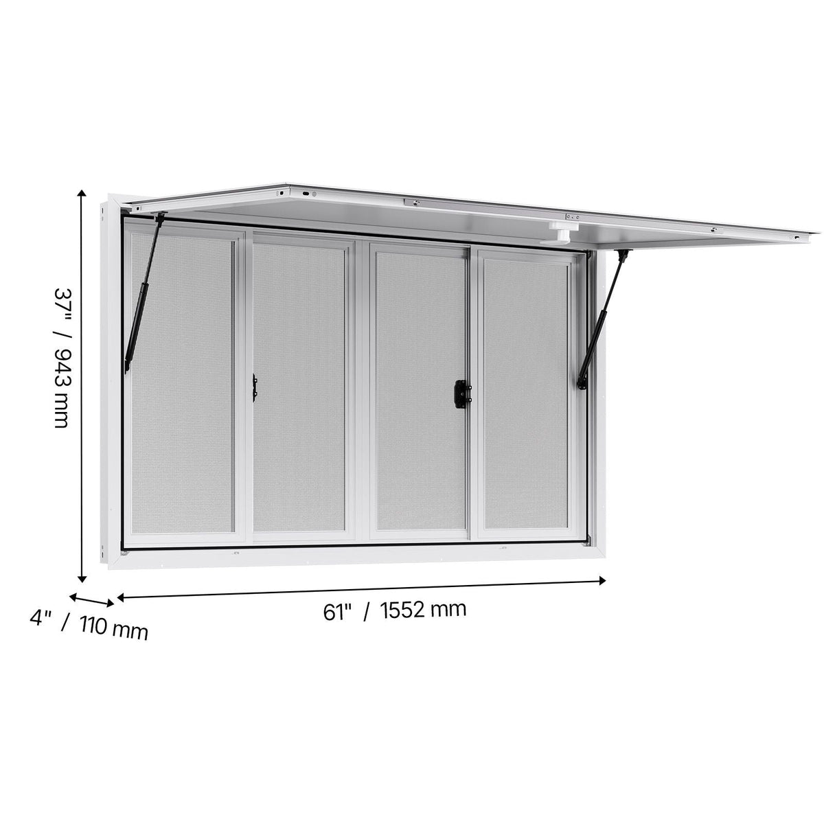 Concession Window 60x36 in, Aluminum Alloy Service Window for Food Truck, Up to 85 Degrees Stand Serving Window with 4 Sliding Windows, Awning Door, and Drag Hook, for Concession Trailers