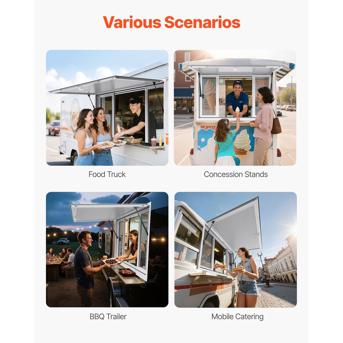 Concession Window 60x36 in, Aluminum Alloy Service Window for Food Truck, Up to 85 Degrees Stand Serving Window with 4 Sliding Windows, Awning Door, and Drag Hook, for Concession Trailers