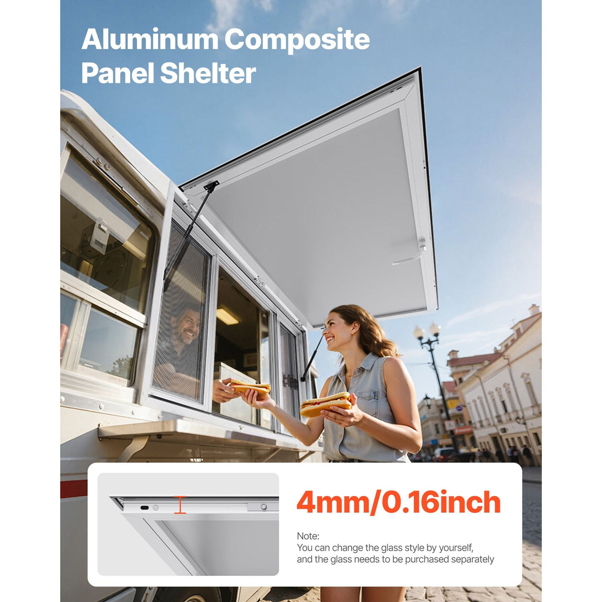 Concession Window 60x36 in, Aluminum Alloy Service Window for Food Truck, Up to 85 Degrees Stand Serving Window with 4 Sliding Windows, Awning Door, and Drag Hook, for Concession Trailers