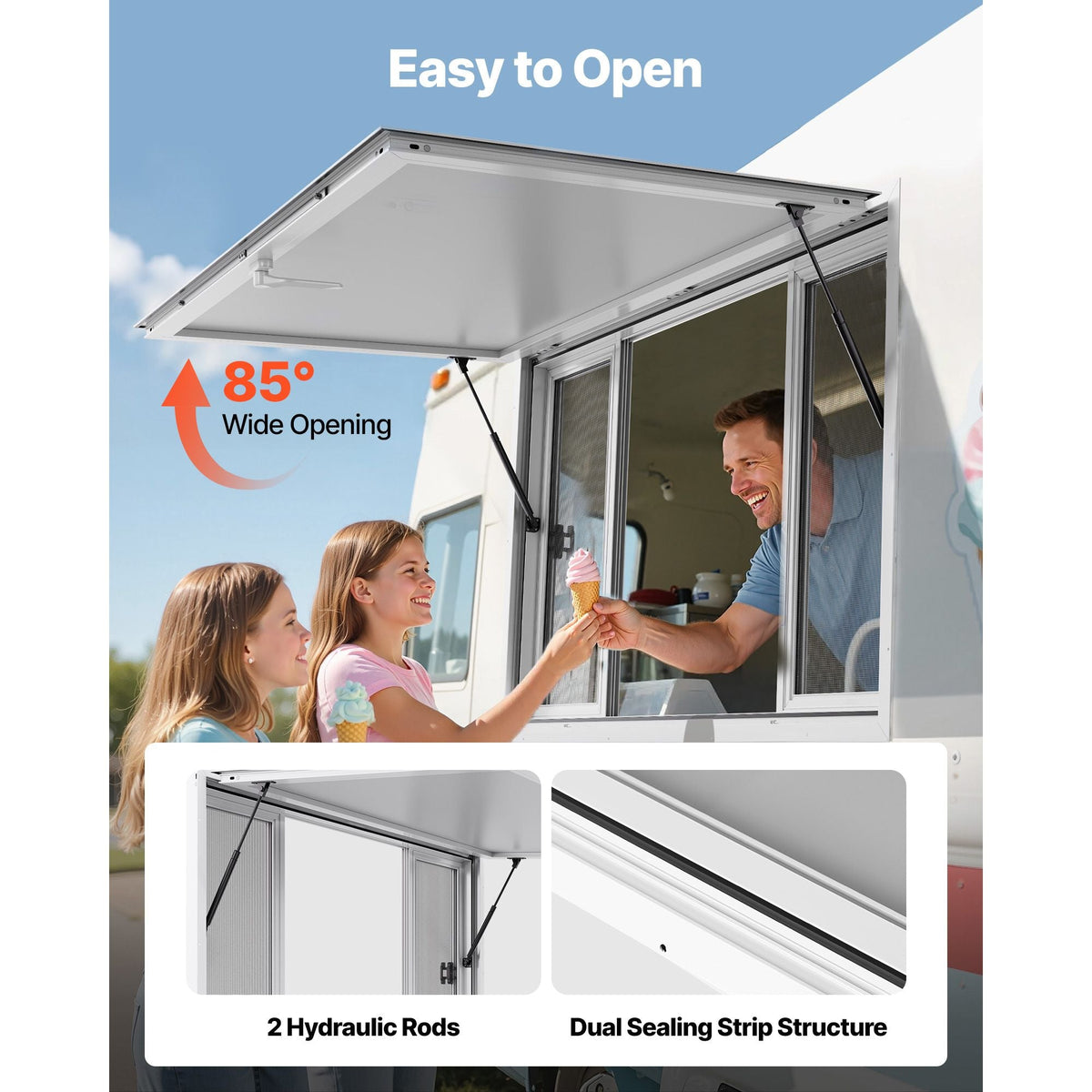 Concession Window 60x36 in, Aluminum Alloy Service Window for Food Truck, Up to 85 Degrees Stand Serving Window with 4 Sliding Windows, Awning Door, and Drag Hook, for Concession Trailers