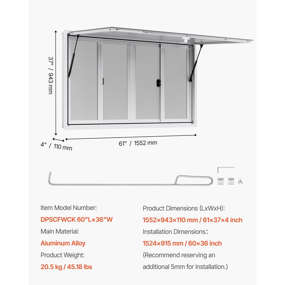 Concession Window 60x36 in, Aluminum Alloy Service Window for Food Truck, Up to 85 Degrees Stand Serving Window with 4 Sliding Windows, Awning Door, and Drag Hook, for Concession Trailers