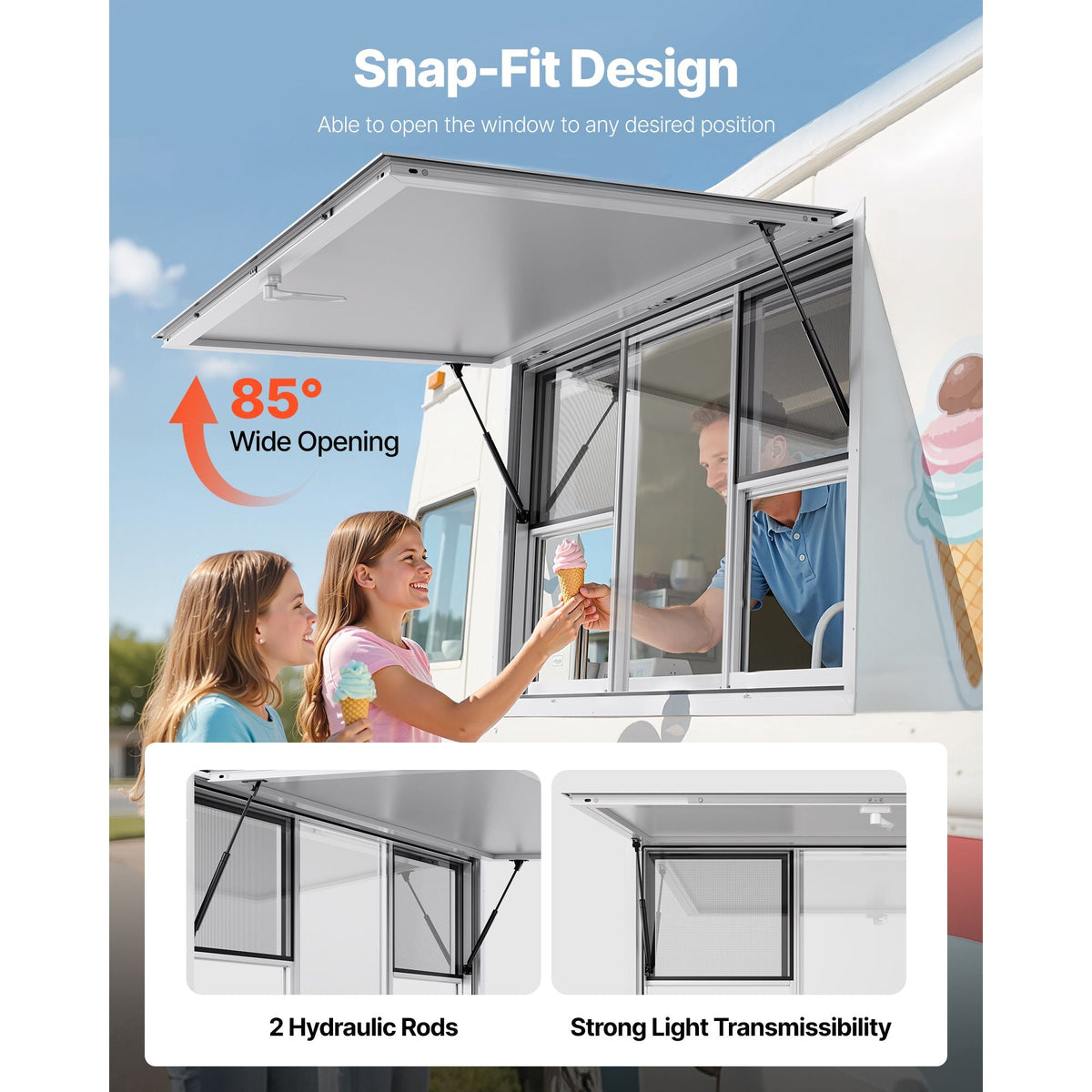 Concession Window 60x36 in, Aluminum Alloy Service Window for Food Truck, Up to 85 Degrees Stand Serving Window with 6 Sliding Windows, Awning Door, and Drag Hook, for Concession Trailers