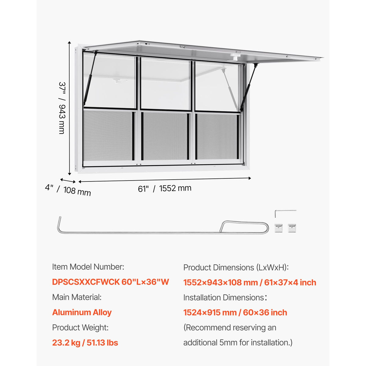 Concession Window 60x36 in, Aluminum Alloy Service Window for Food Truck, Up to 85 Degrees Stand Serving Window with 6 Sliding Windows, Awning Door, and Drag Hook, for Concession Trailers