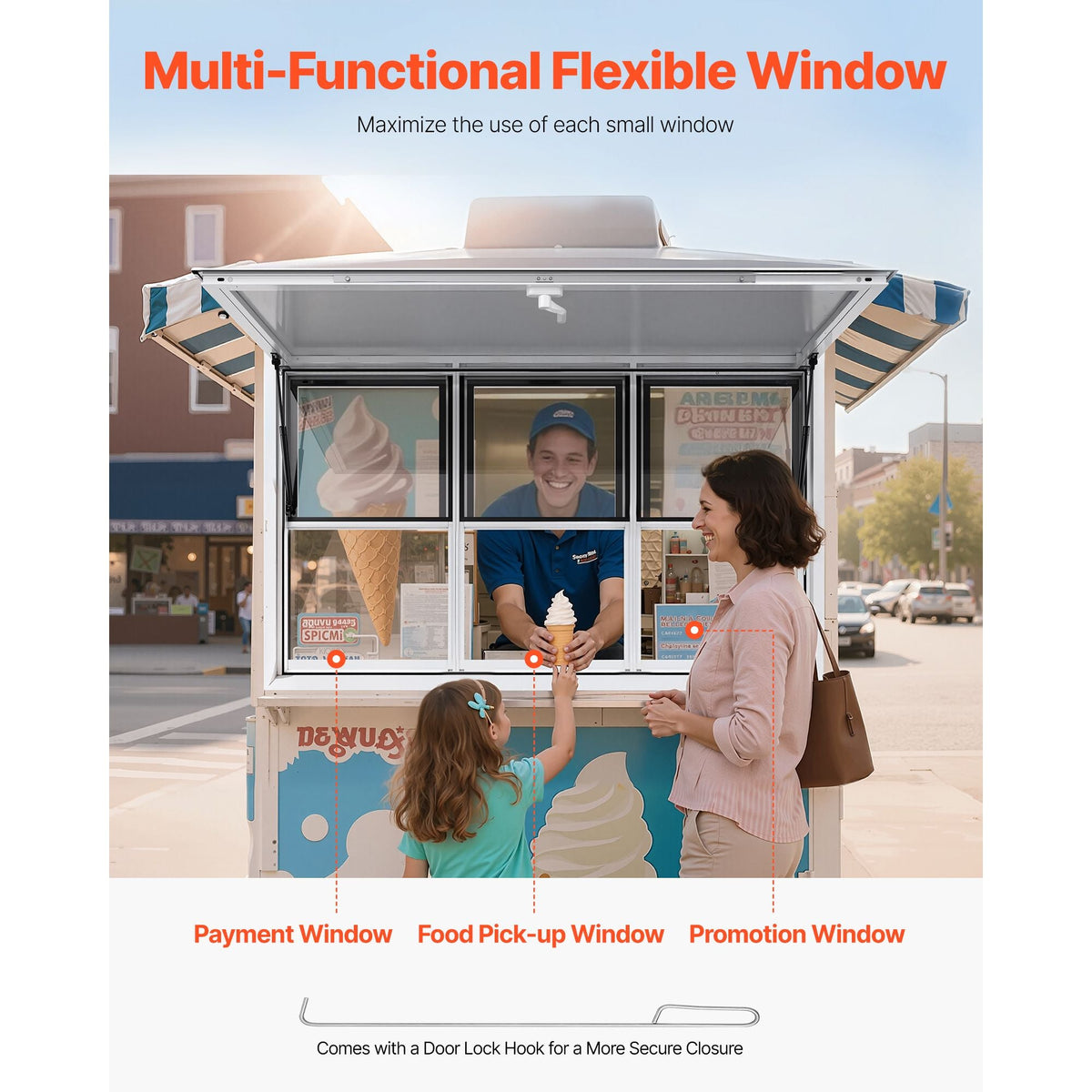 Concession Window 60x36 in, Aluminum Alloy Service Window for Food Truck, Up to 85 Degrees Stand Serving Window with 6 Sliding Windows, Awning Door, and Drag Hook, for Concession Trailers