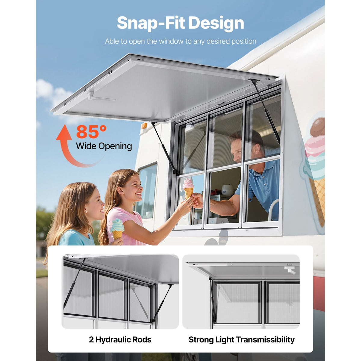 Concession Window 60x36 in, Aluminum Alloy Service Window for Food Truck, Up to 85 Degrees Stand Serving Window with 6 Sliding Windows, Awning Door, and Drag Hook, for Concession Trailers