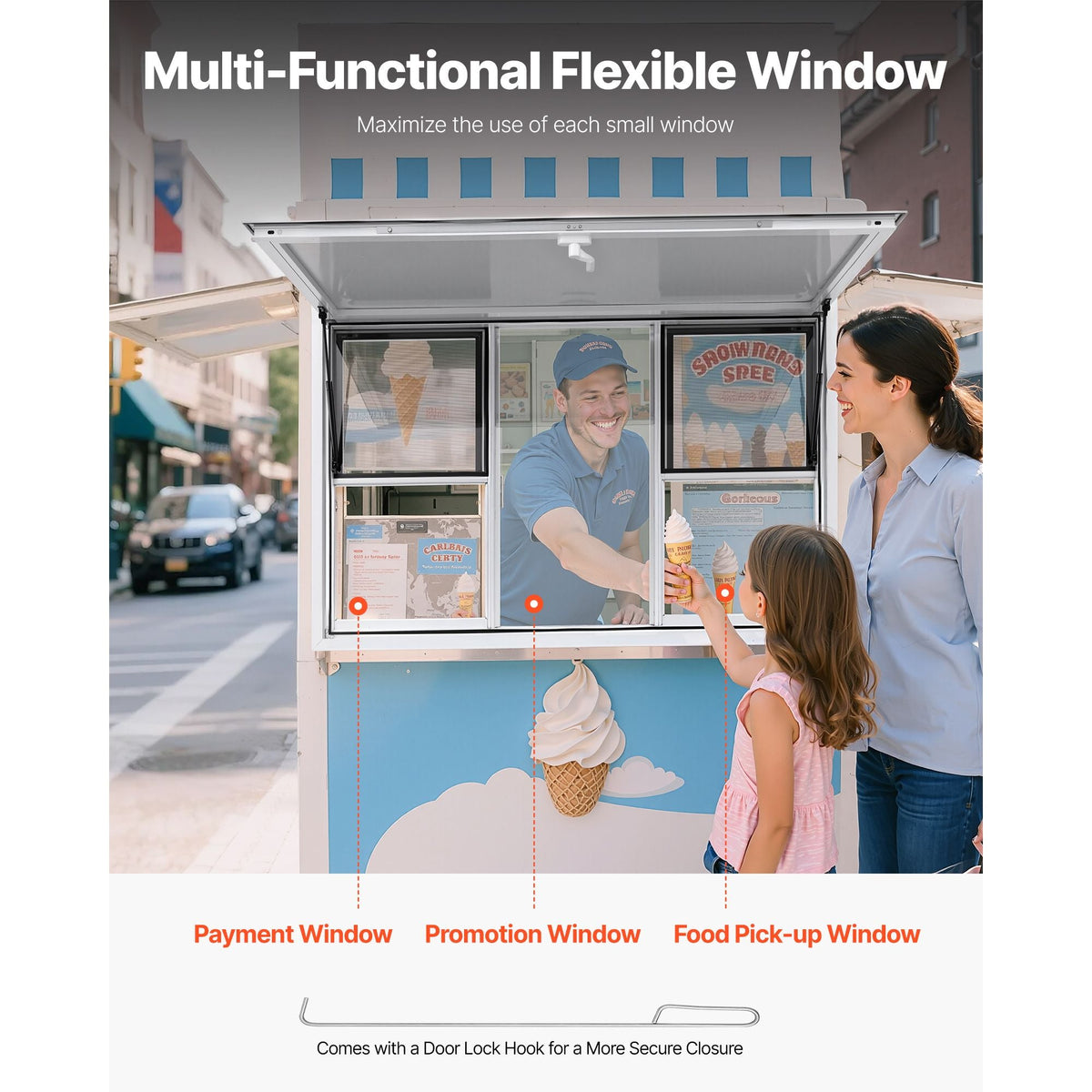 Concession Window 60x36 in, Aluminum Alloy Service Window for Food Truck, Up to 85 Degrees Stand Serving Window with 6 Sliding Windows, Awning Door, and Drag Hook, for Concession Trailers