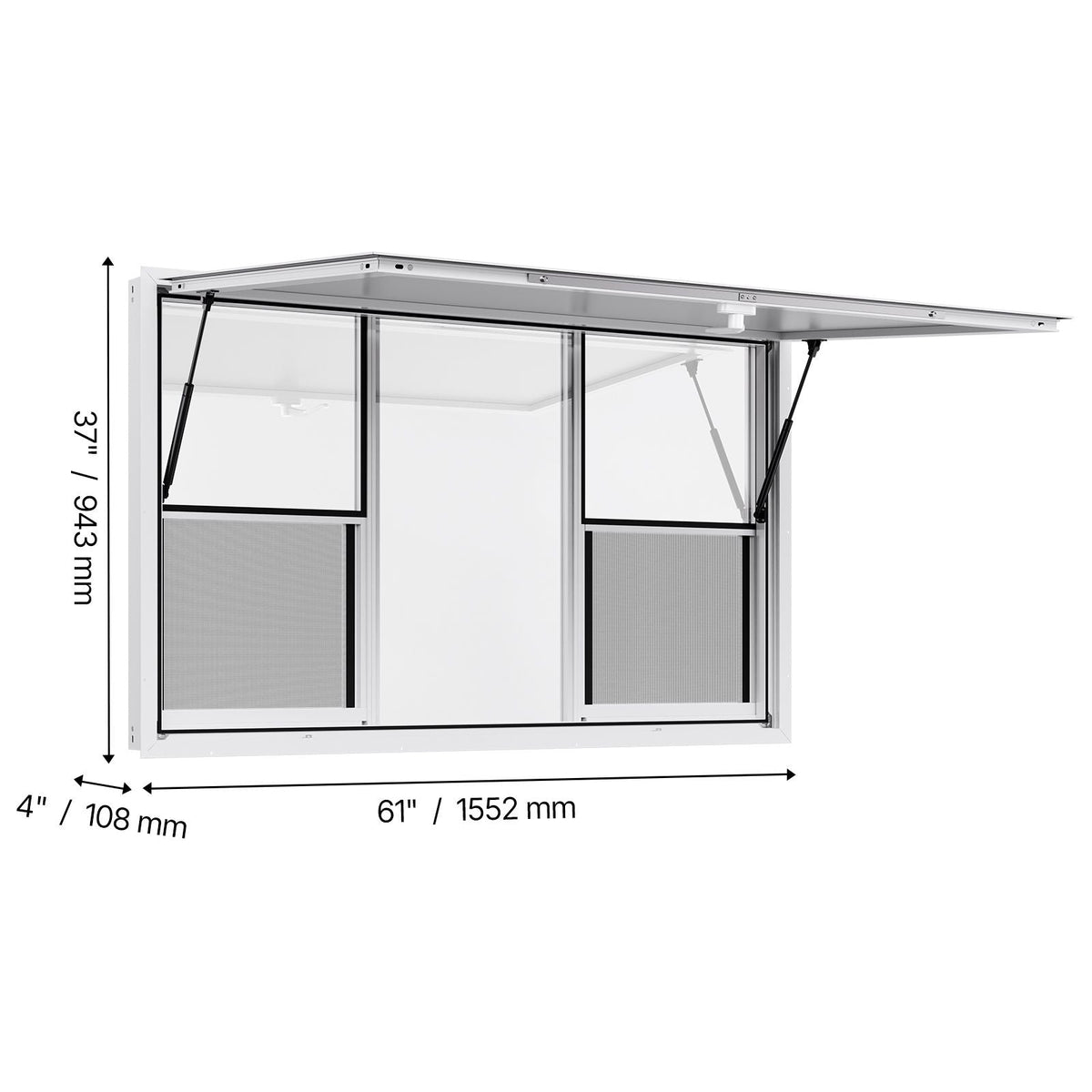 Concession Window 60x36 in, Aluminum Alloy Service Window for Food Truck, Up to 85 Degrees Stand Serving Window with 6 Sliding Windows, Awning Door, and Drag Hook, for Concession Trailers