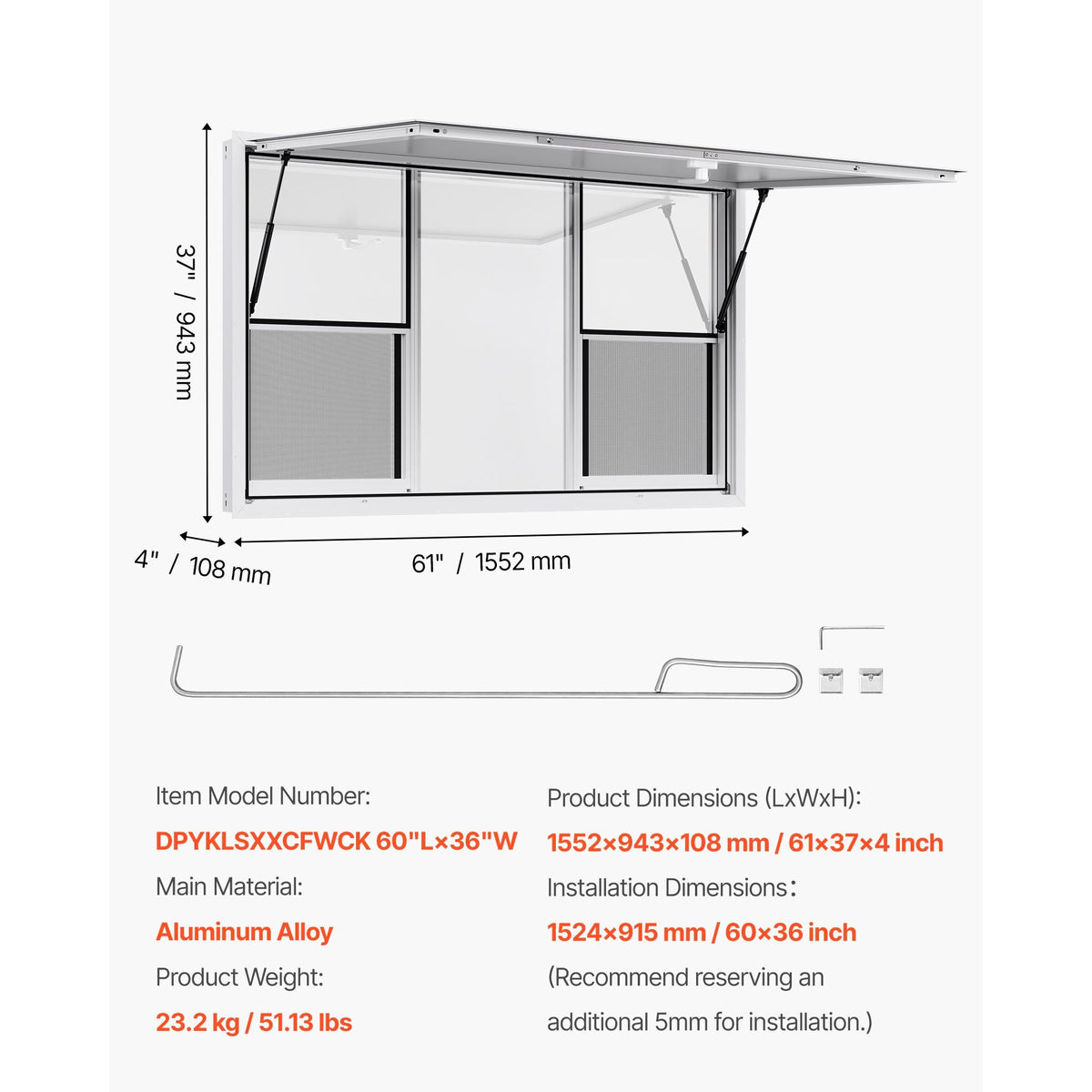 Concession Window 60x36 in, Aluminum Alloy Service Window for Food Truck, Up to 85 Degrees Stand Serving Window with 6 Sliding Windows, Awning Door, and Drag Hook, for Concession Trailers