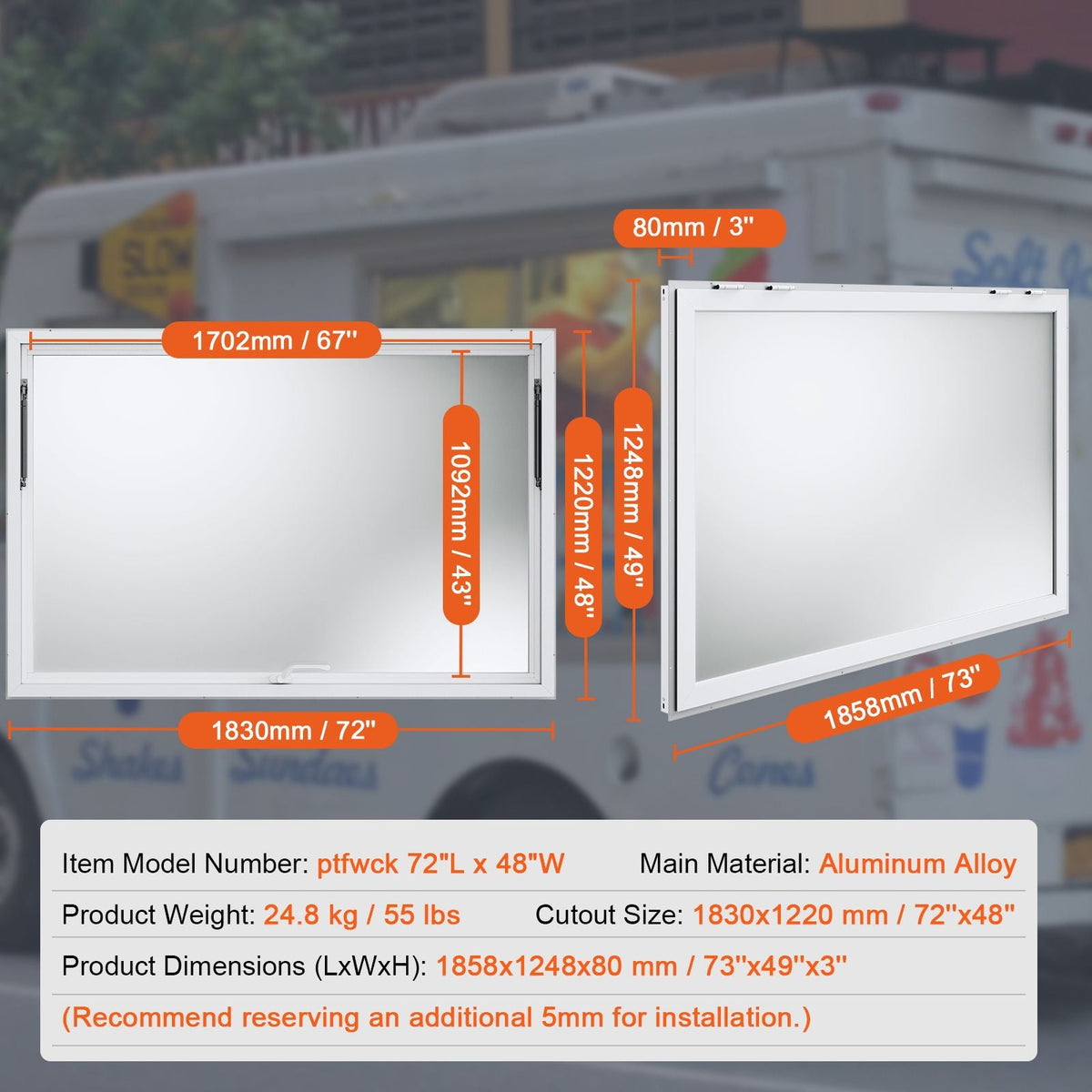 Concession Window 72"x48", Aluminum Alloy Food Truck Service Window with Awning Door & Drag Hook, Up to 85 Degrees Stand Serving Window for Food Trucks Concession Trailers, Glass Not Included