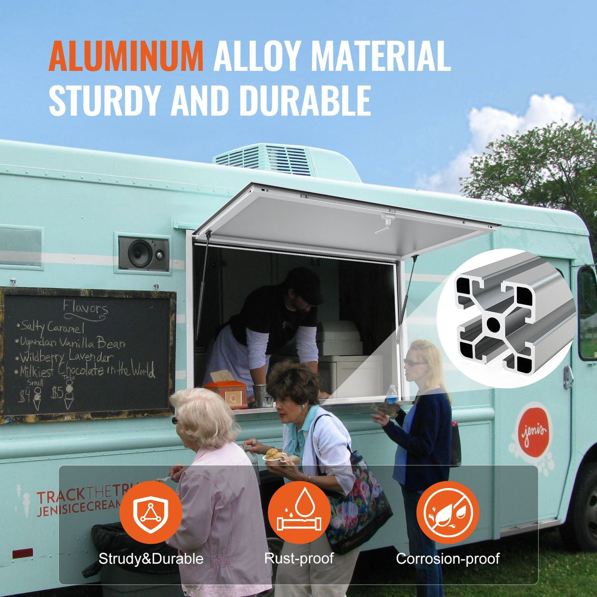 Concession Window 72"x48", Aluminum Alloy Food Truck Service Window with Awning Door & Drag Hook, Up to 85 Degrees Stand Serving Window for Food Trucks Concession Trailers, Glass Not Included