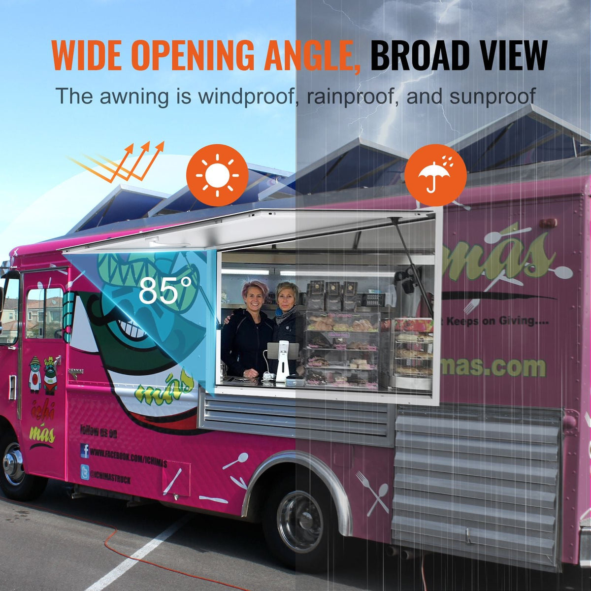 Concession Window 96"x48", Aluminum Alloy Food Truck Service Window with Awning Door & Drag Hook, Up to 85 Degrees Stand Serving Window for Food Trucks Concession Trailers, Glass Not Included