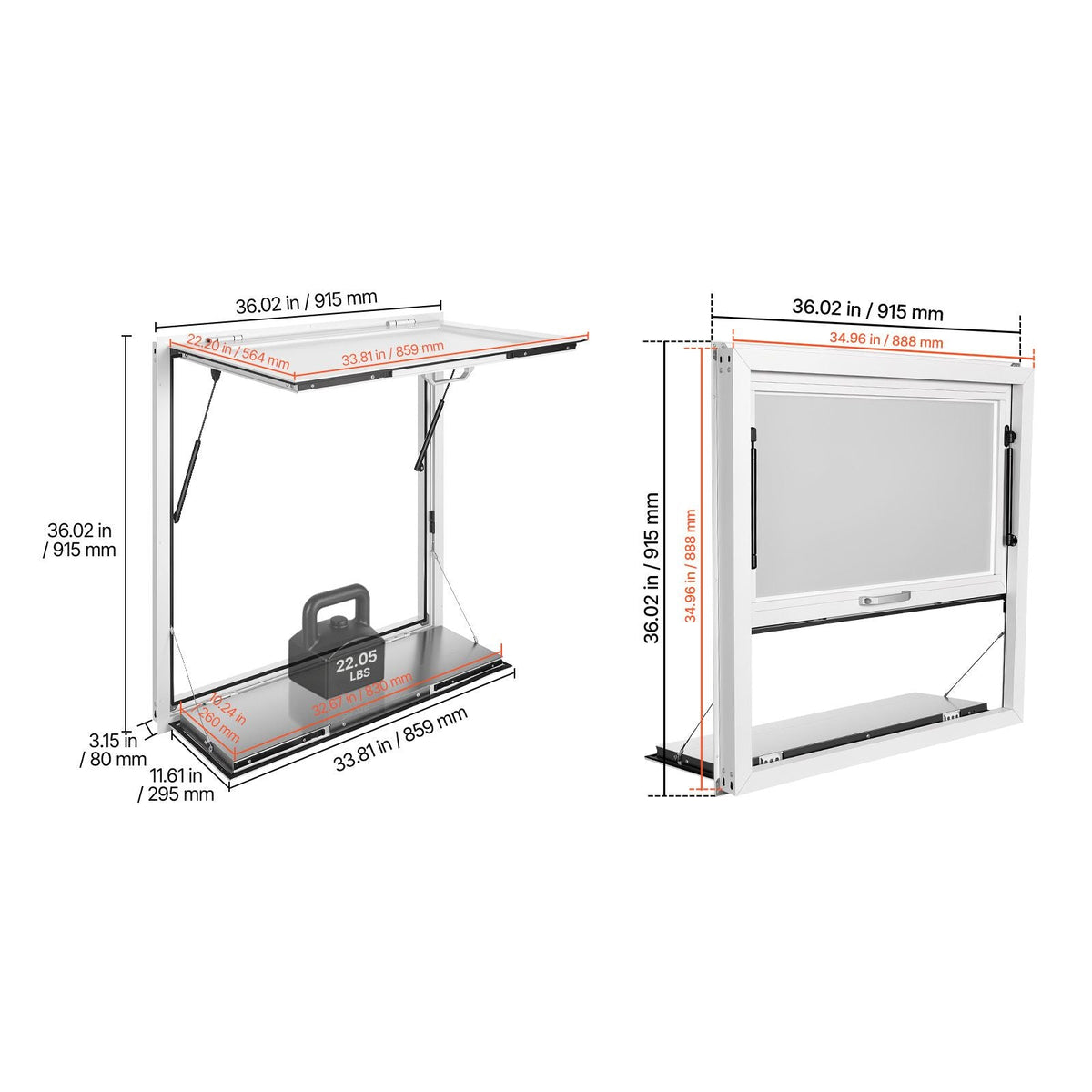 Concession Window Folding Shelf 36x36in Aluminum Alloy Service Window, for Food Truck, Up to 85 Degrees, with Awning Door and Drag Hook, Rainwater Resistant