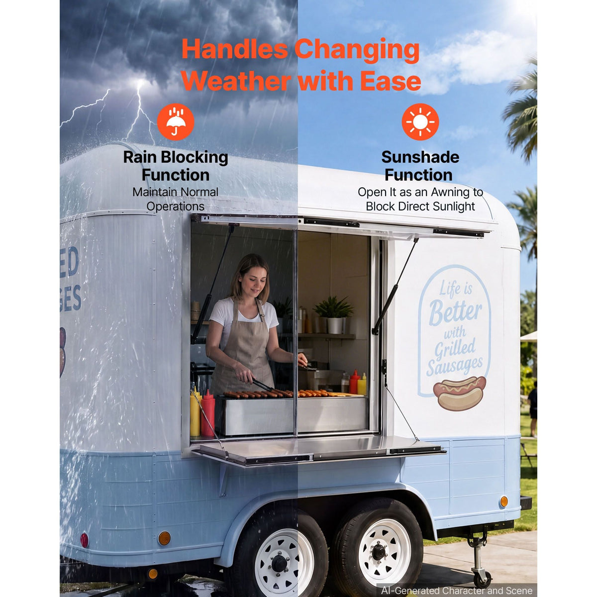 Concession Window Folding Shelf 36x36in Aluminum Alloy Service Window, for Food Truck, Up to 85 Degrees, with Awning Door and Drag Hook, Rainwater Resistant
