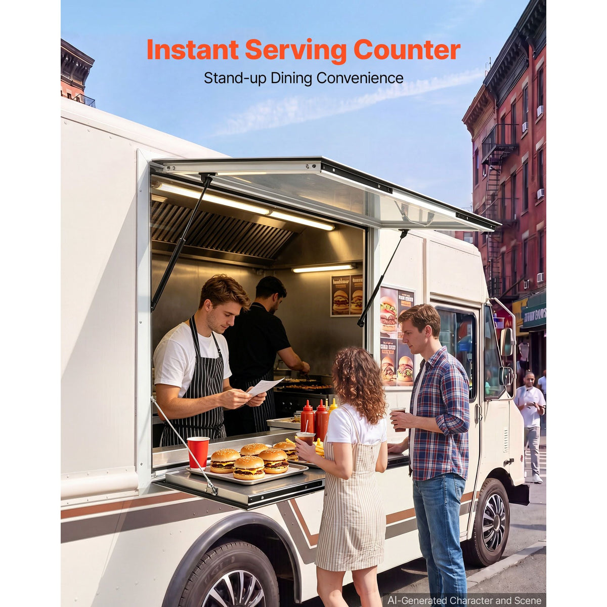 Concession Window Folding Shelf 36x36in Aluminum Alloy Service Window, for Food Truck, Up to 85 Degrees, with Awning Door and Drag Hook, Rainwater Resistant