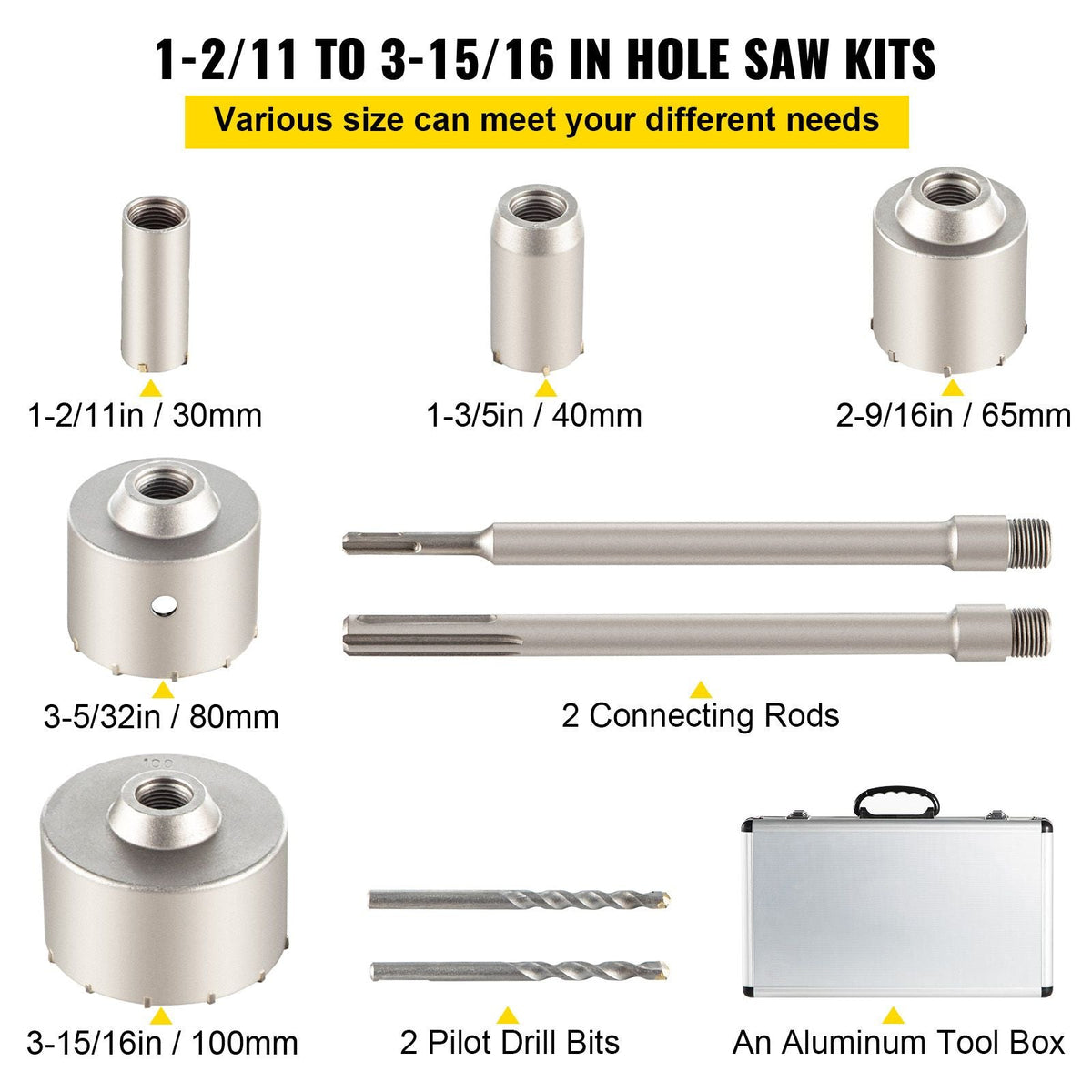 Concrete Hole Saw Kit, 1-2/11\", 1-3/5\", 2-9/16\", 3-5/32\", 3-15/16\" Drill Bit Set SDS Plus & SDS MAX Shank Wall Hole Cutter with a 4-1/3\" Connecting Rod for Concrete, Cement, Stone Wall, Ma