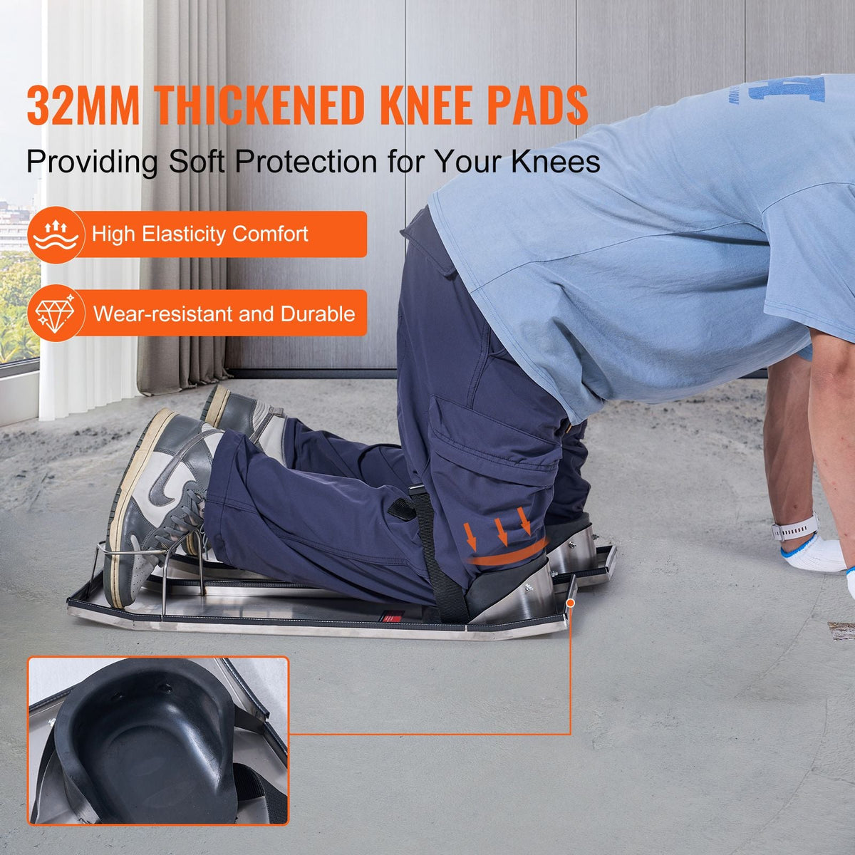 Concrete Knee Boards Stainless Steel, 28'' x 8'' Concrete Sliders, Knee Boards For Concrete, Concrete Knee Pads Moving Sliders, with Knee Pads & Board Straps for Cement and Concrete Finishing