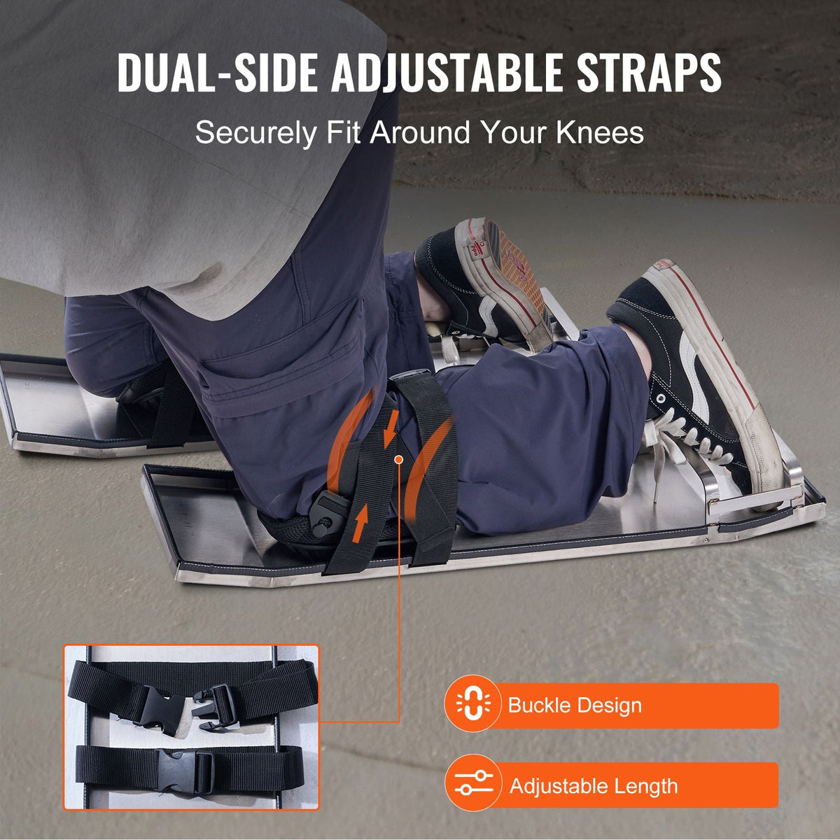 Concrete Knee Boards Stainless Steel, 28'' x 8'' Concrete Sliders, Knee Boards For Concrete, Concrete Knee Pads Pair Moving Sliders, with Board Straps for Cement and Concrete Finishing