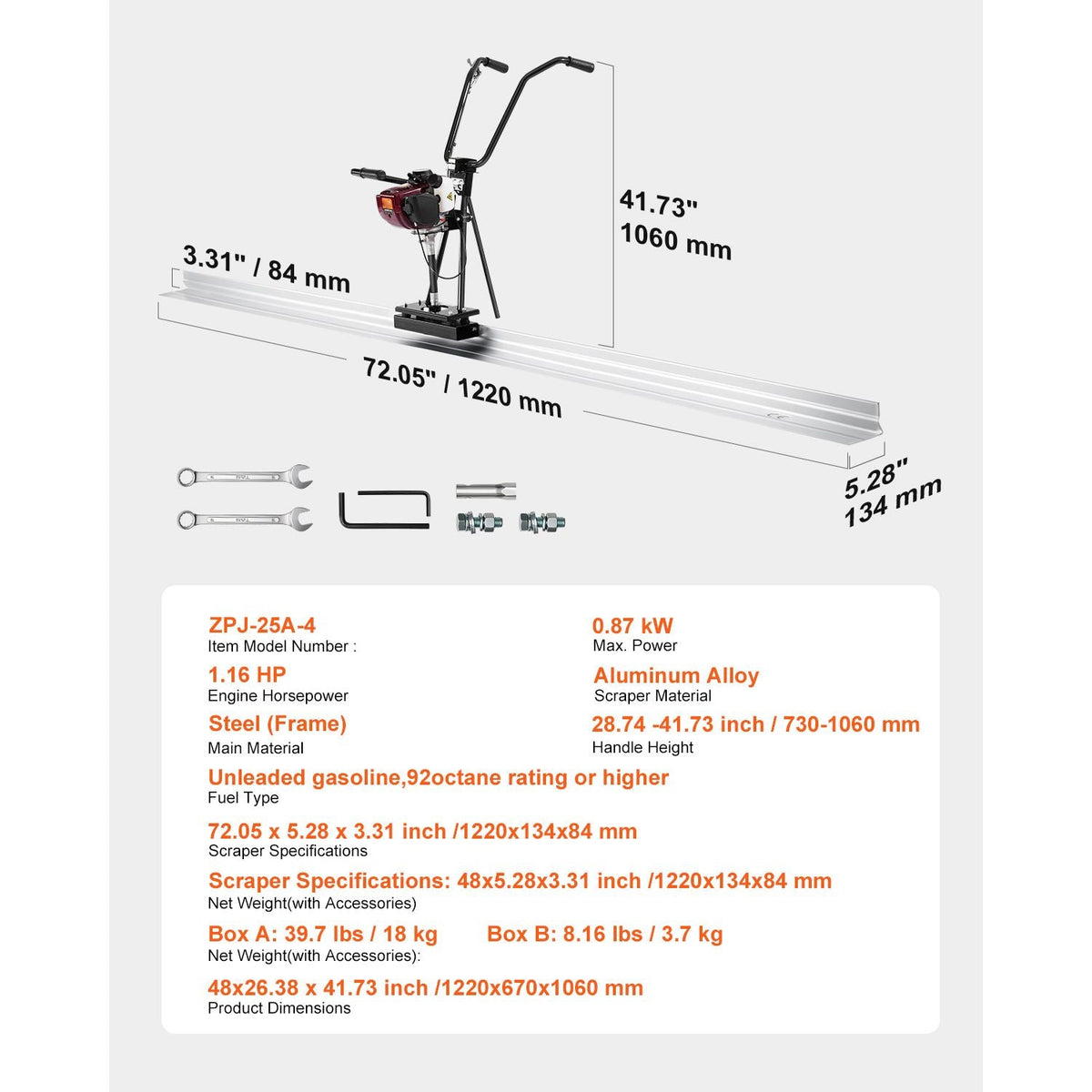 Concrete Power Screed, 4 ft Aluminum Board Straight Edge Bar Set, 4 Stroke Cement Finishing Vibrating Motor with Height Adjustable Handles, High Efficient Concrete Tool 6500RPM