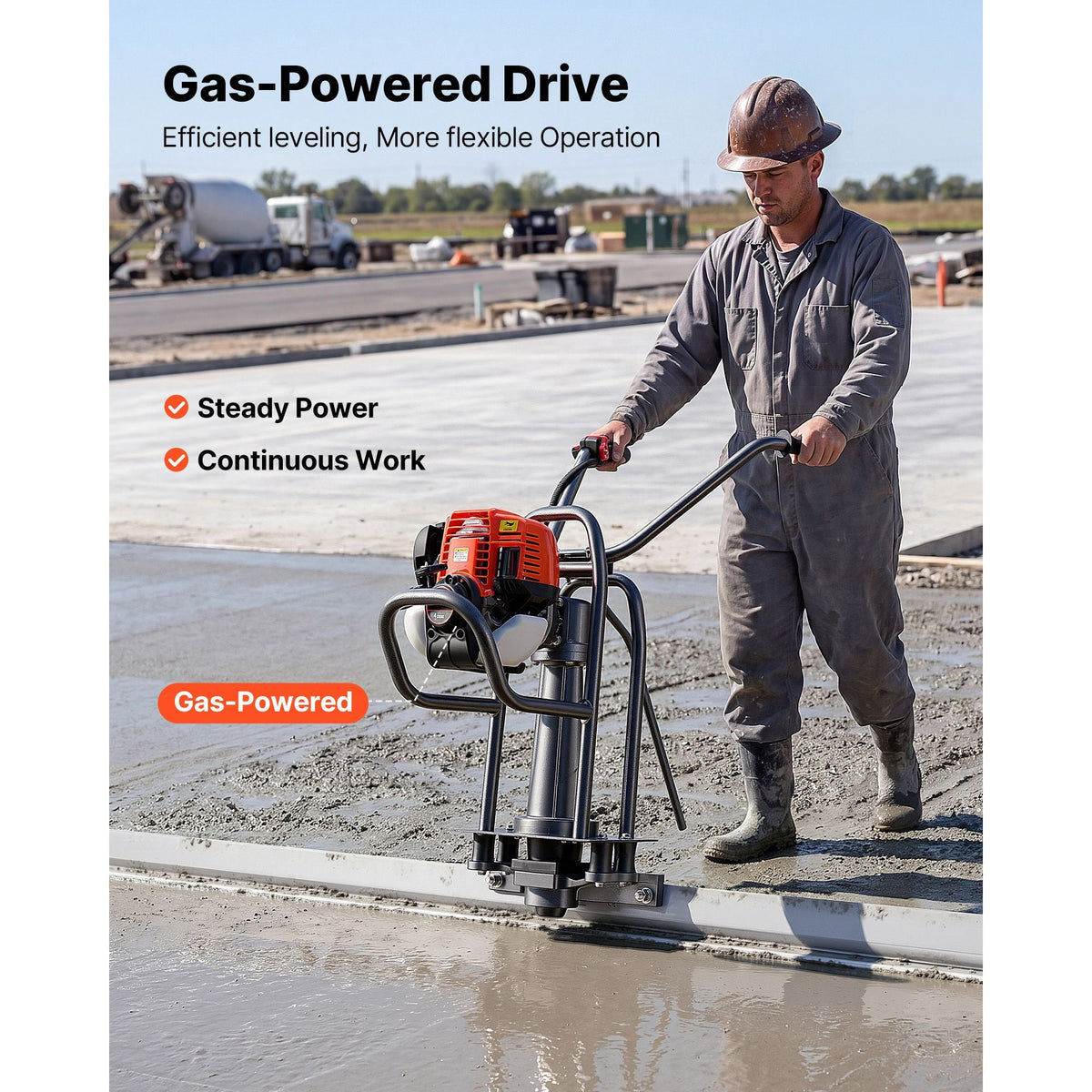 Concrete Power Screed Gas-Powered Leveling Tool 12 ft Aluminum Board, 1.16HP Engine, 4 Stroke Vibrating Screed, Handle Height Adjustable, Support Legs for Patio, Driveway, Floor Finishing