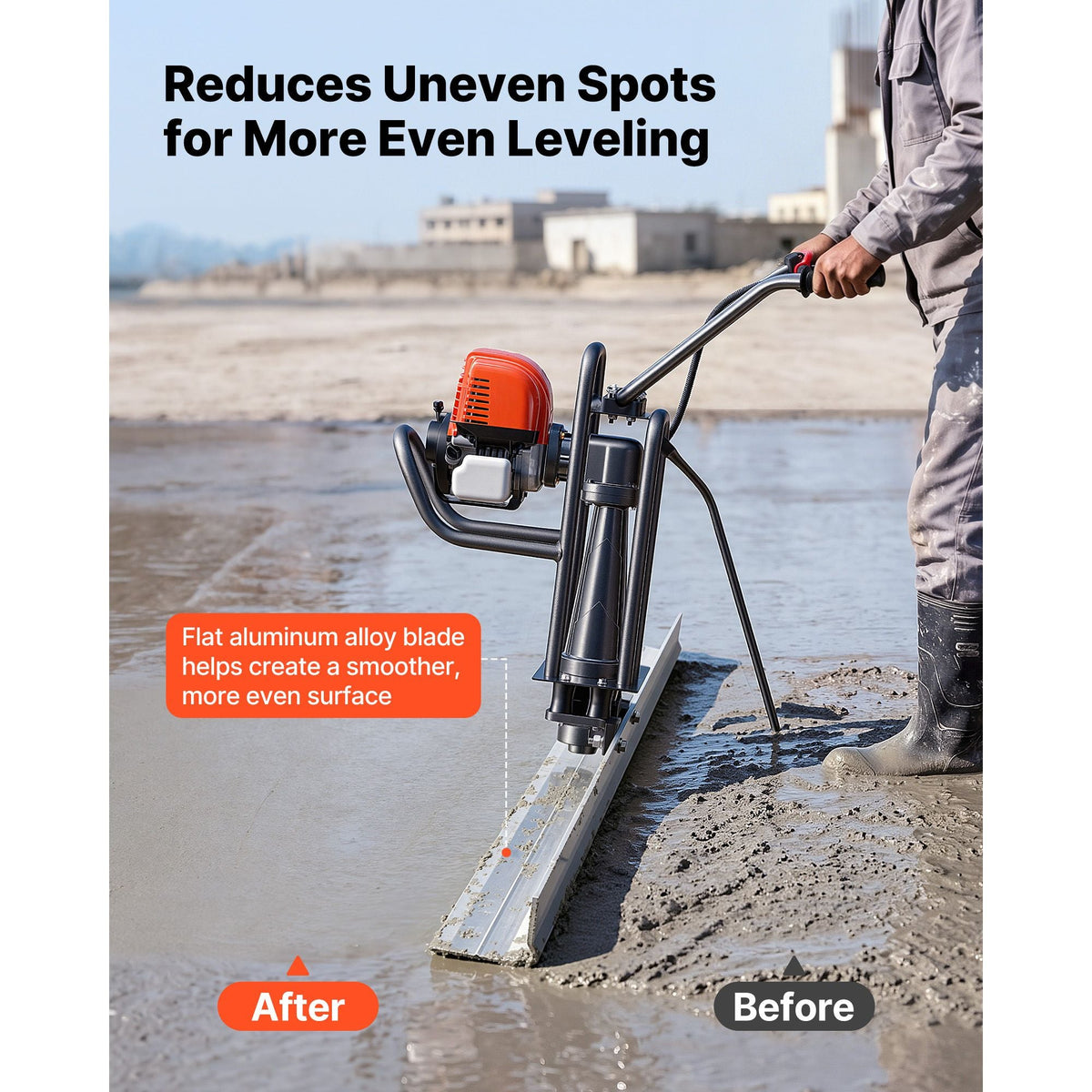 Concrete Power Screed Gas-Powered Leveling Tool 12 ft Aluminum Board, 1.16HP Engine, 4 Stroke Vibrating Screed, Handle Height Adjustable, Support Legs for Patio, Driveway, Floor Finishing