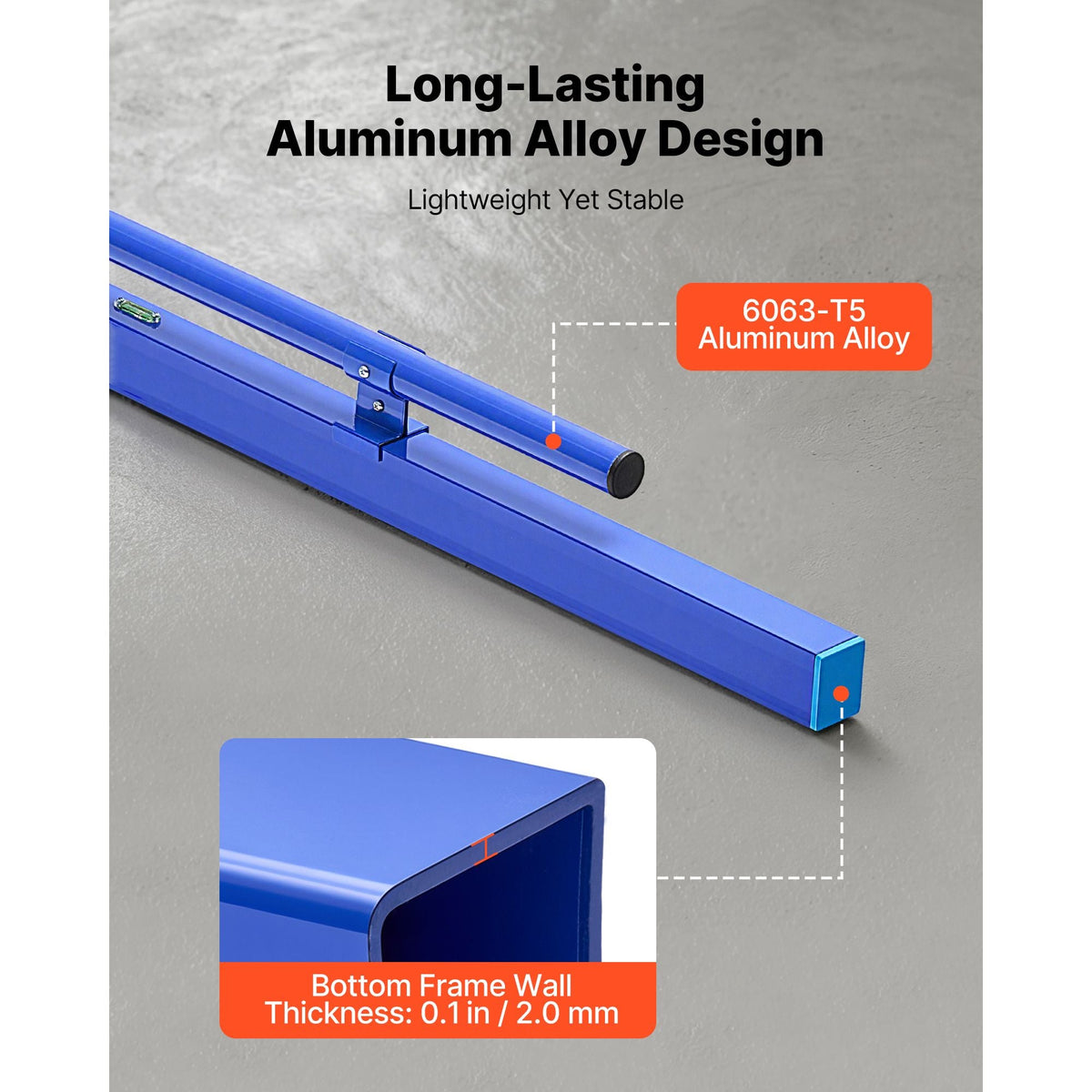 Concrete Screed 48 in Length Manual Screed Board Aluminum Alloy Blue, Built-in Bubble Level, Powder-coated Finish, Lightweight Paver Leveling Tool for Patio, Sidewalk, Garage Floor Finishing