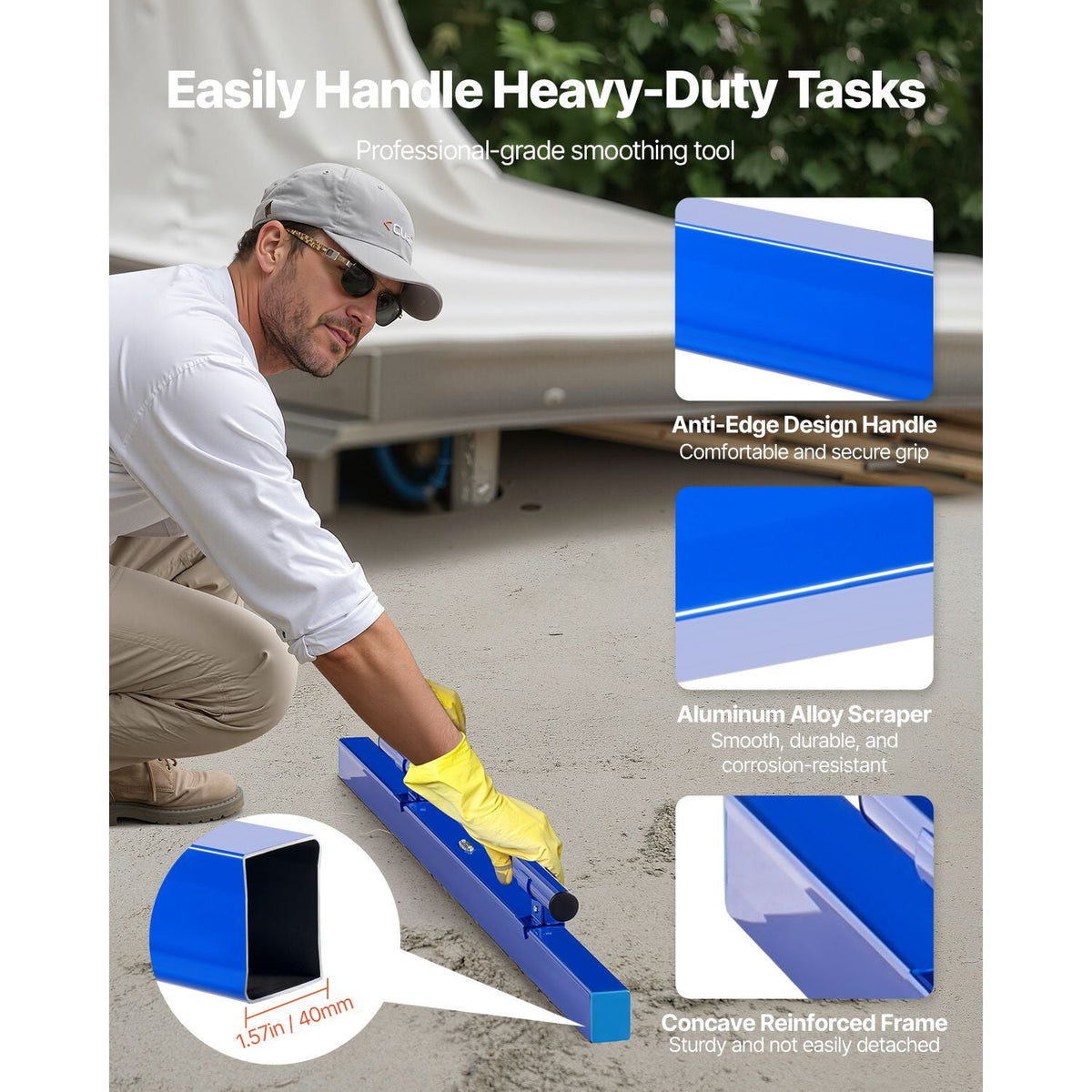 Concrete Screed, 48 Inch Screed with Level Vial, Easy Cleanup & End Cap Design, Aluminum Lightweight & Reversable Handle for Leveling Floors, Small-Scale Construction and Home Renovation
