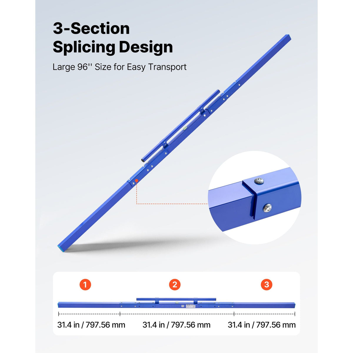Concrete Screed 96 in Length Manual Screed Board Aluminum Alloy Blue, Built-in Bubble Level, Powder-coated Finish, Lightweight Paver Leveling Tool for Patio, Sidewalk, Garage Floor Finishing
