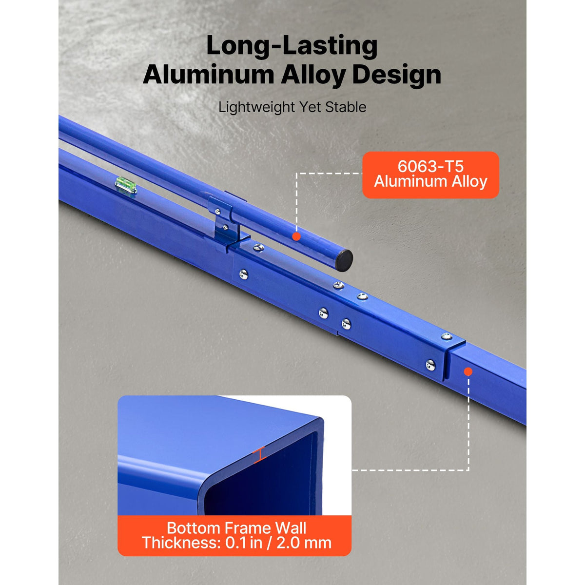 Concrete Screed 96 in Length Manual Screed Board Aluminum Alloy Blue, Built-in Bubble Level, Powder-coated Finish, Lightweight Paver Leveling Tool for Patio, Sidewalk, Garage Floor Finishing