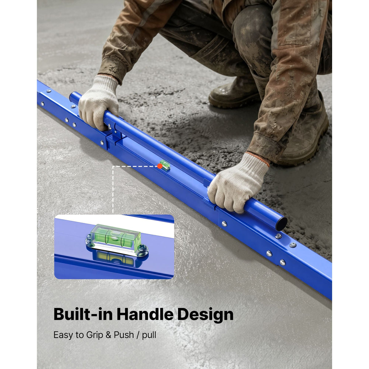 Concrete Screed 96 in Length Manual Screed Board Aluminum Alloy Blue, Built-in Bubble Level, Powder-coated Finish, Lightweight Paver Leveling Tool for Patio, Sidewalk, Garage Floor Finishing