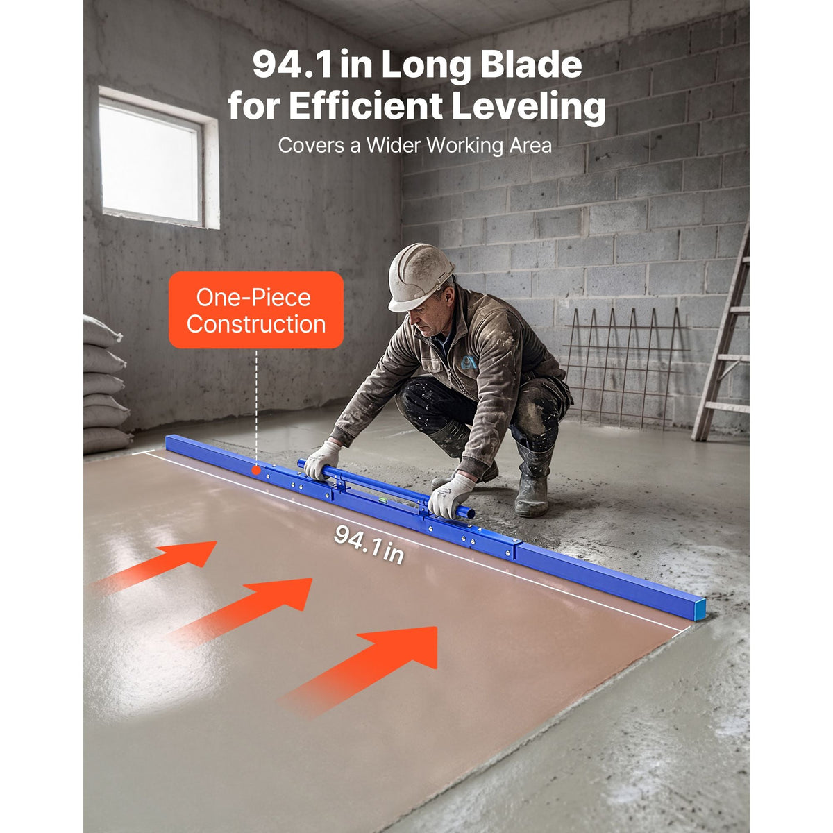 Concrete Screed 96 in Length Manual Screed Board Aluminum Alloy Blue, Built-in Bubble Level, Powder-coated Finish, Lightweight Paver Leveling Tool for Patio, Sidewalk, Garage Floor Finishing