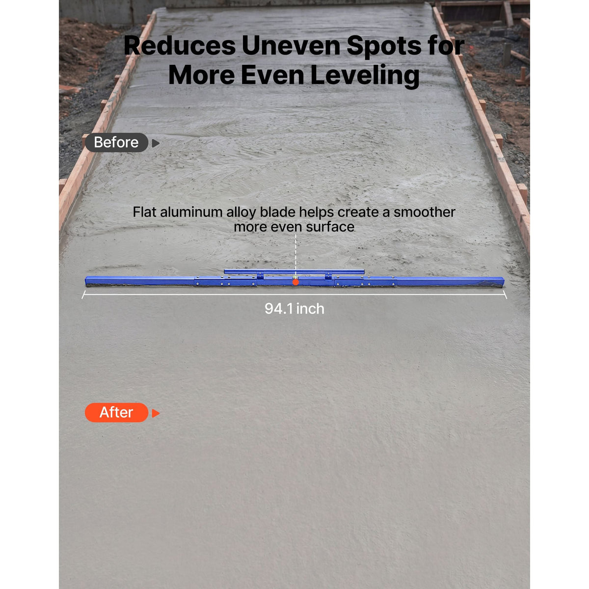 Concrete Screed 96 in Length Manual Screed Board Aluminum Alloy Blue, Built-in Bubble Level, Powder-coated Finish, Lightweight Paver Leveling Tool for Patio, Sidewalk, Garage Floor Finishing