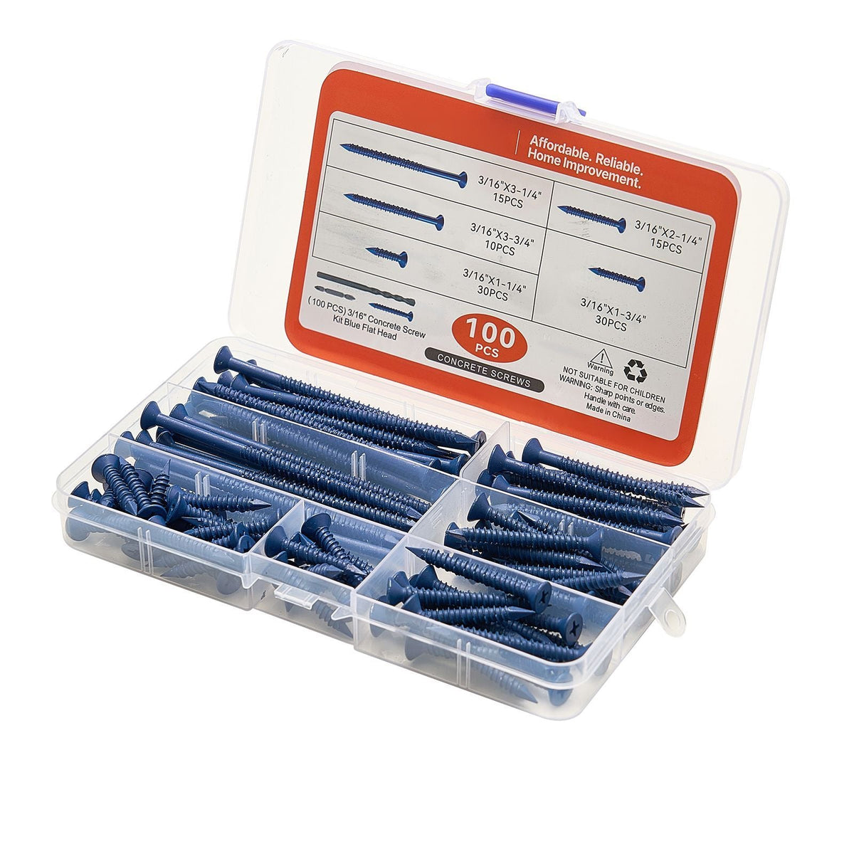 Concrete Screws, 3/16 inch, 100 PCS 5 Different Lengths, Phillips Head, Masonry Screws with Drill Bits, Carbon Steel with Blue Coating, for Anchoring to Concrete, Masonry, Block, Brick and Wood