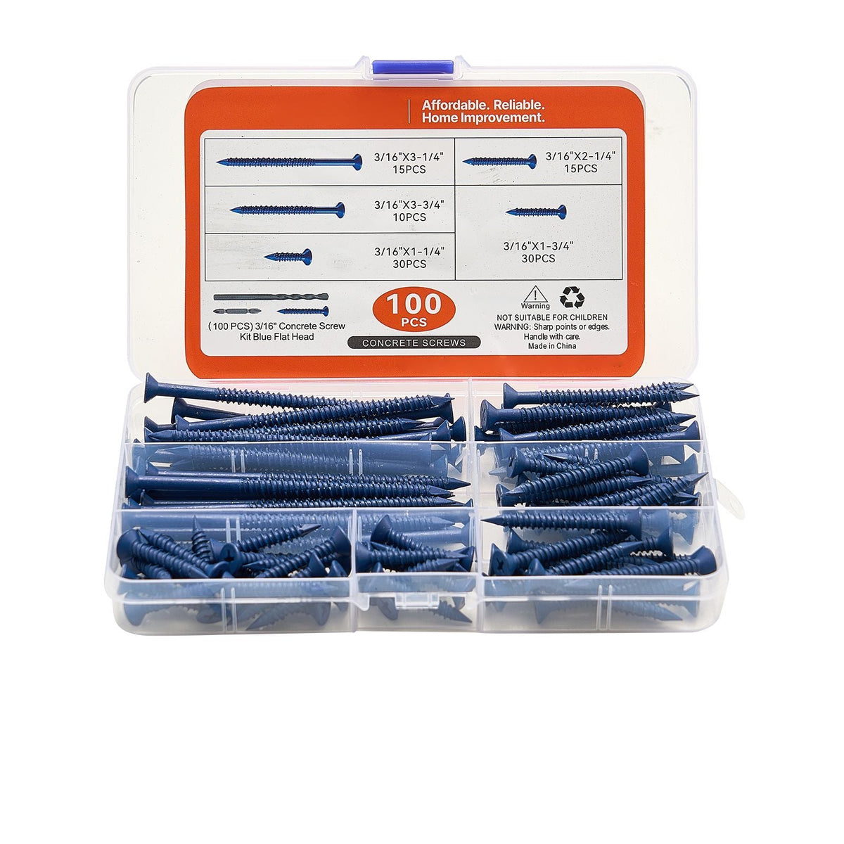 Concrete Screws, 3/16 inch, 100 PCS 5 Different Lengths, Phillips Head, Masonry Screws with Drill Bits, Carbon Steel with Blue Coating, for Anchoring to Concrete, Masonry, Block, Brick and Wood