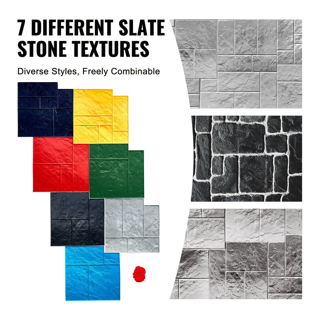 Concrete Stamps Mat, 24 x 24 in, 7 pcsConcrete Texturing Skin Polyurethane Stamp Stone Tile Texture Mat, Slate floor Imprint Seamless Stamp Concrete Molds for Outdoor Decorative, Muti-color