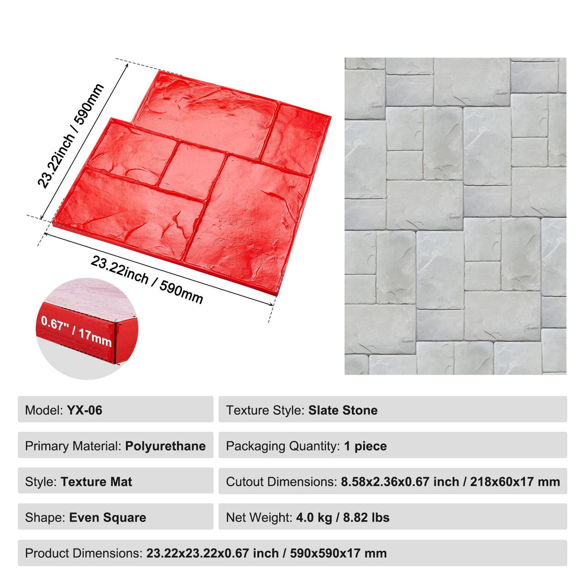 Concrete Stamps Mat, 24 x 24 in, Concrete Texturing Skin Polyurethane Stamp Stone Tile Texture Mat, Slate floor Imprint Seamless Stamp Concrete Molds for Outdoor Decorative, Red