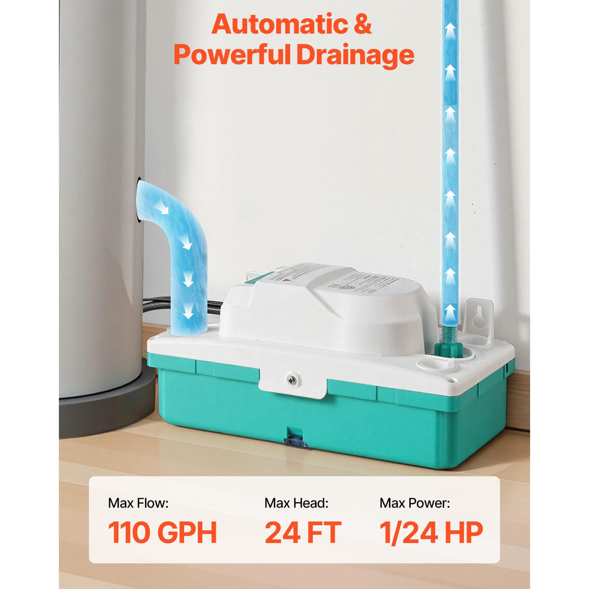 Condensate Pump, 1/24 HP, 110 GPH, 24 ft Lift, 100-240V Automatic AC Condensation Removal Pump with Safety Switch & 20 ft Tubing, for Air Conditioner, Dehumidifier, HVAC, Furnace, Ice Maker