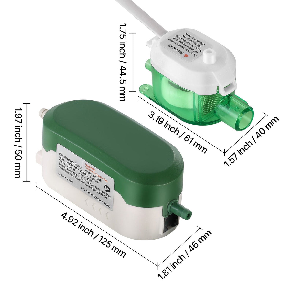 Condensate Pump, 1/245 HP, 9.6 GPH, 33 ft Lift, 100-230V Automatic AC Condensation Removal Pump with Safety Switch, Quiet, for Air Conditioner, Dehumidifier, HVAC, Furnace, Ice Maker Water Drain