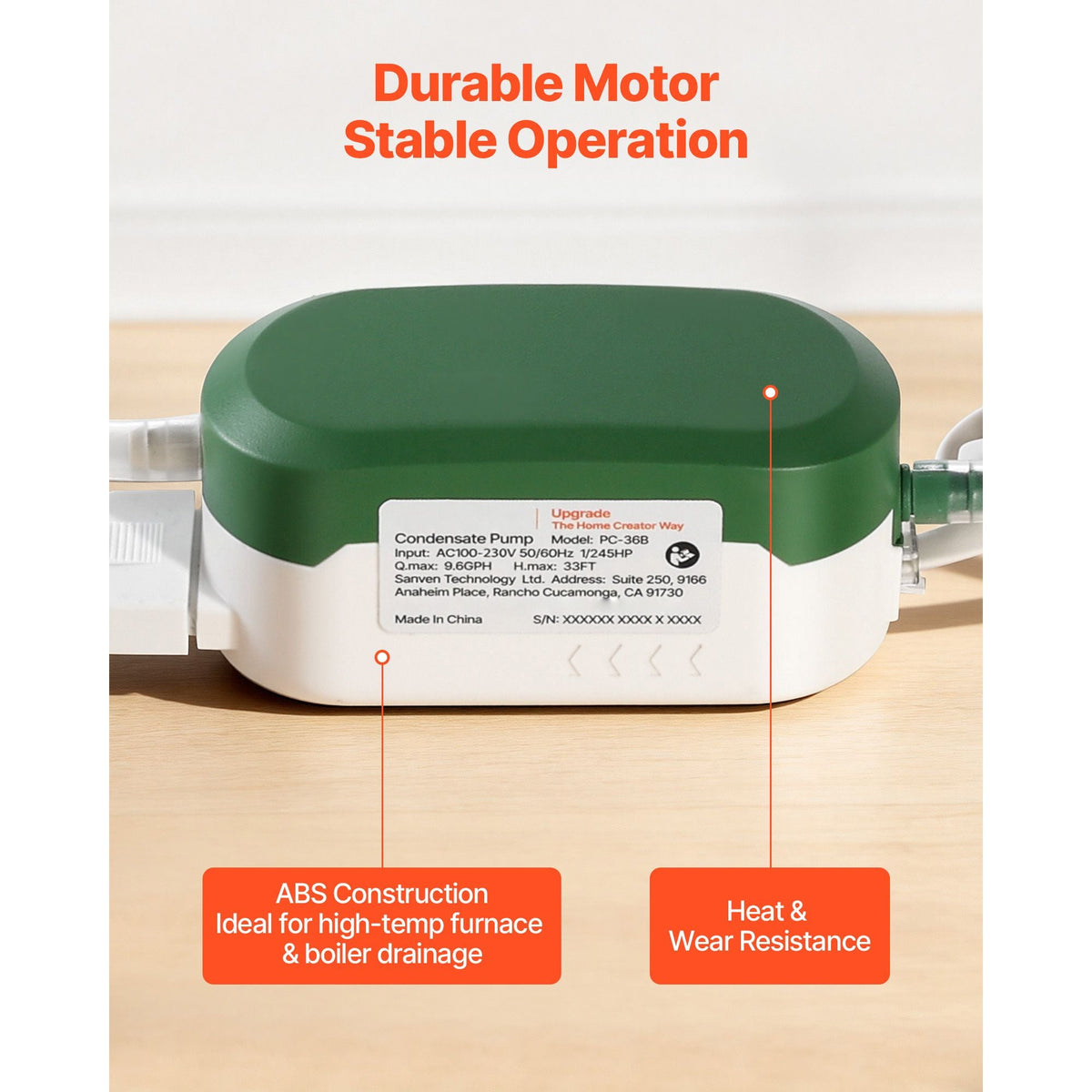 Condensate Pump, 1/245 HP, 9.6 GPH, 33 ft Lift, 100-230V Automatic AC Condensation Removal Pump with Safety Switch, Quiet, for Air Conditioner, Dehumidifier, HVAC, Furnace, Ice Maker Water Drain