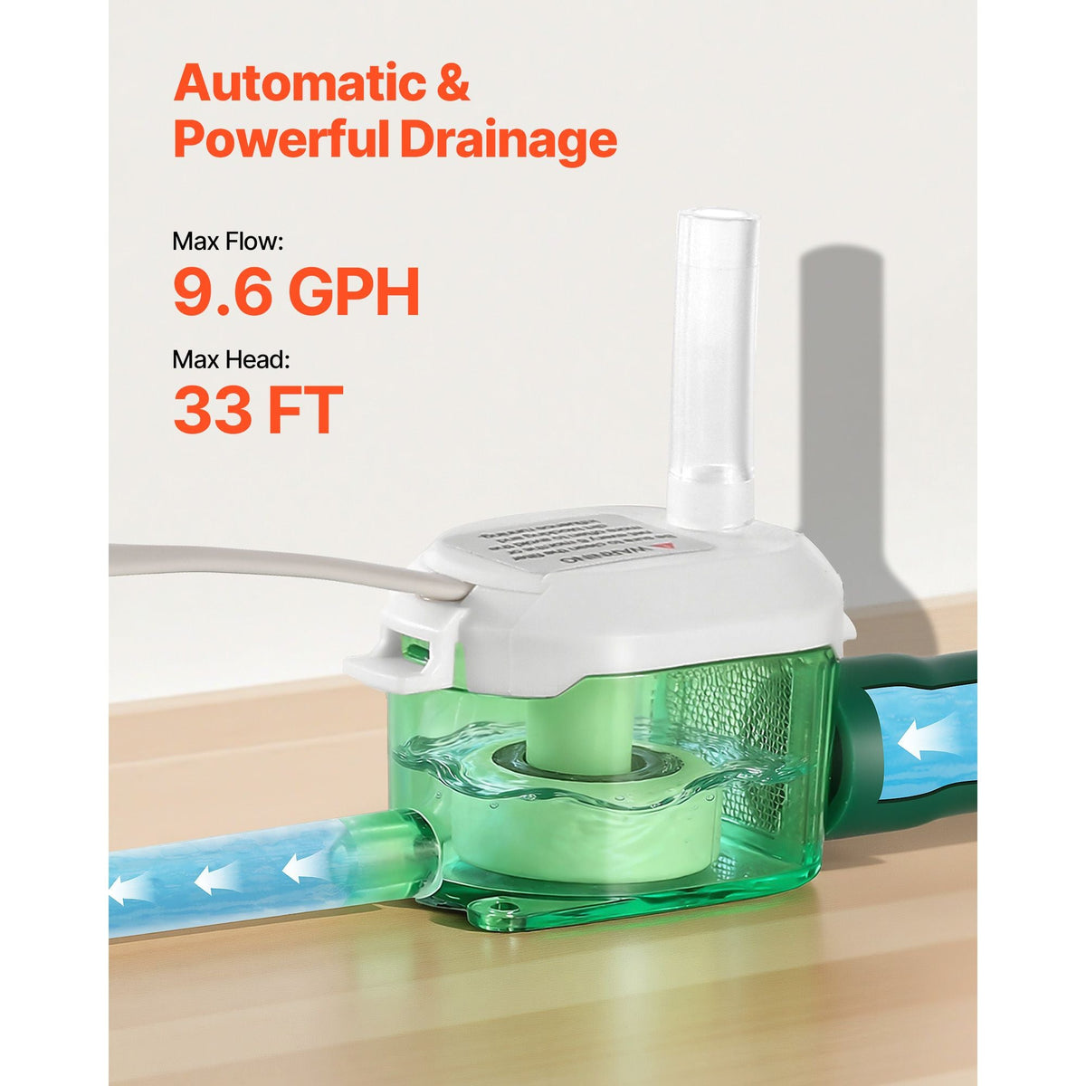 Condensate Pump, 1/245 HP, 9.6 GPH, 33 ft Lift, 100-230V Automatic AC Condensation Removal Pump with Safety Switch, Quiet, for Air Conditioner, Dehumidifier, HVAC, Furnace, Ice Maker Water Drain