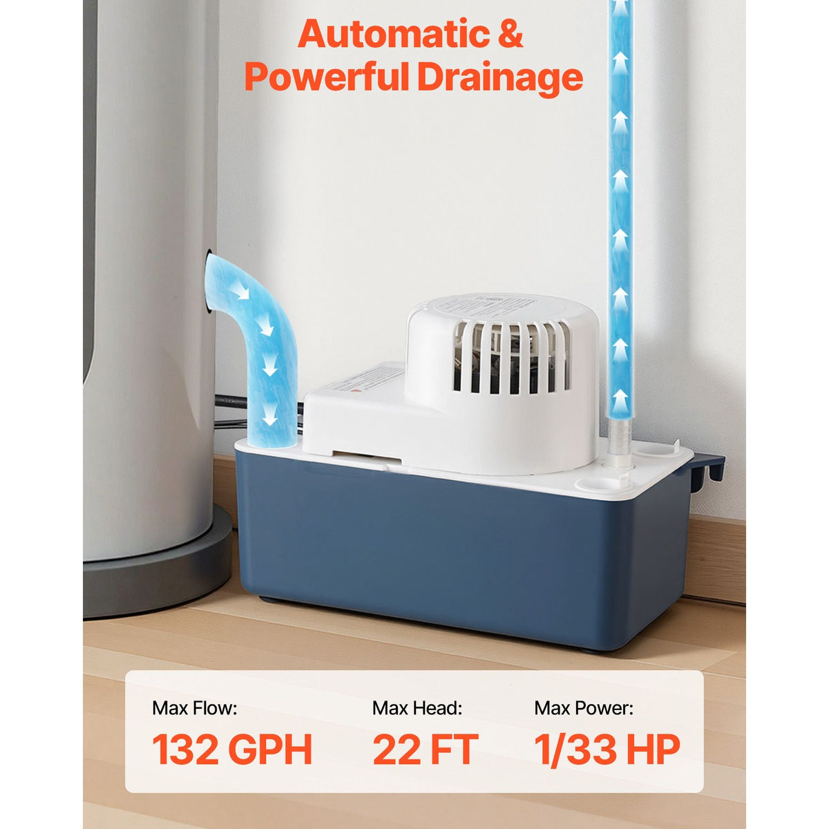 Condensate Pump, 1/33 HP, 100 GPH, 22 ft Lift, 115V Automatic Condensation Removal Pump with Safety Switch & 20 ft Tubing, for Air Conditioner, Dehumidifier, HVAC, Furnace, Ice Maker Water Drain
