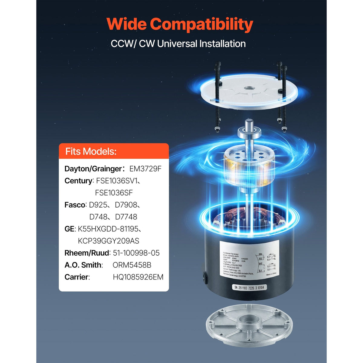 Condenser Fan Motor with Capacitor, 1/3HP 1075RPM 208-230V, Compatible with GE Genteq K55HXGDD-81195 5KCP39GGY209AS, Fasco D925 D7908, Dayton EM3729F, Century FSE1036SV1, Rheem Ruud 51-100998-05